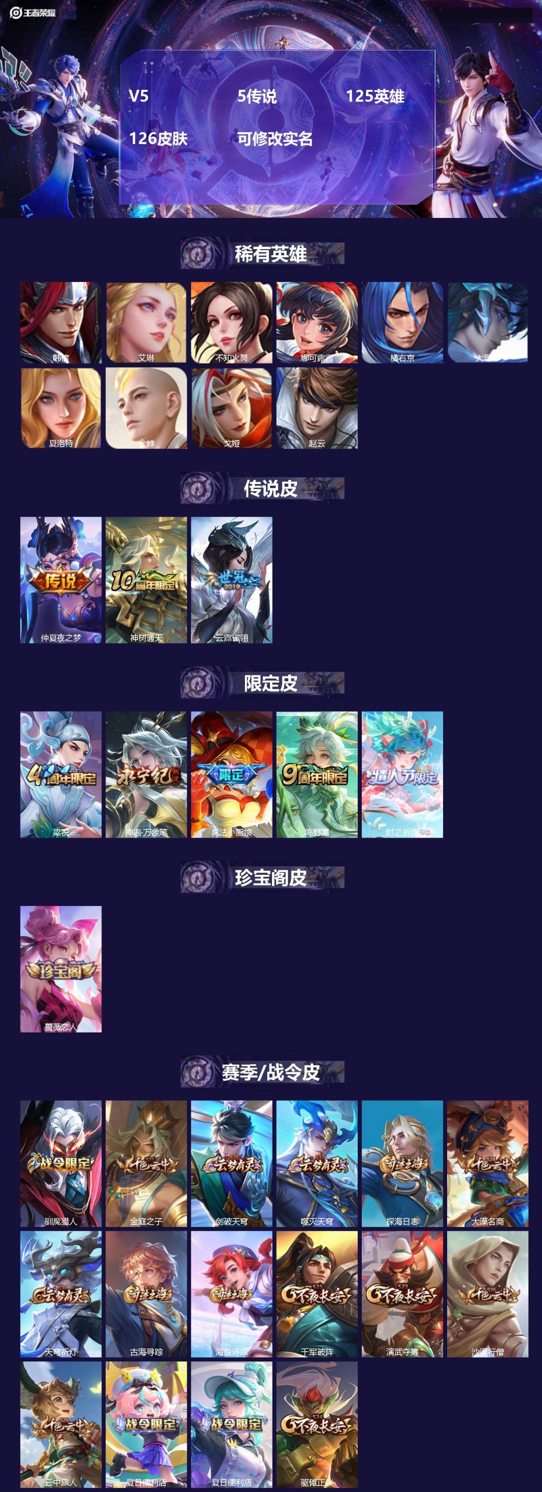 王者荣耀账号安卓QQ125英雄-126皮肤-[]V5 5传说 125英雄 126皮肤 可修改实名 
【英雄全皮】:空空儿