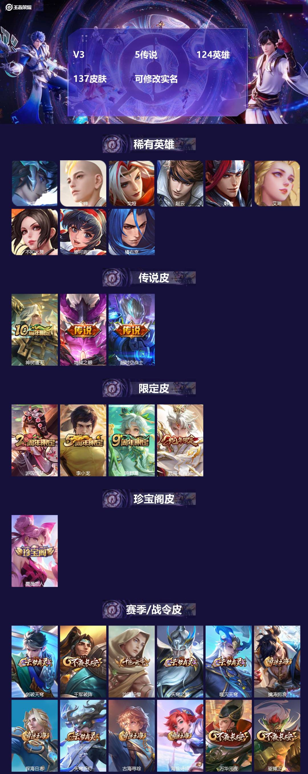 王者荣耀账号安卓QQ124英雄-137皮肤-[]V3 5传说 124英雄 137皮肤 可修改实名 
【稀有英雄】:大司命