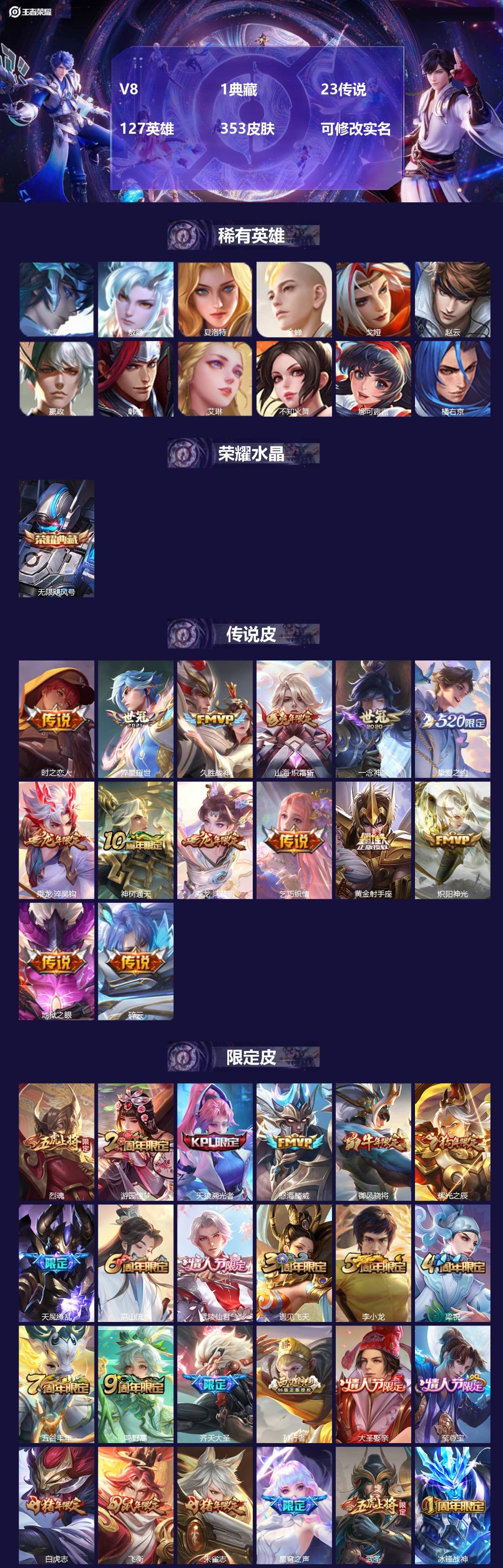 王者荣耀账号安卓QQ127英雄-353皮肤-[]V8 1典藏 23传说 127英雄 353皮肤 可修改实名 
【英雄全皮