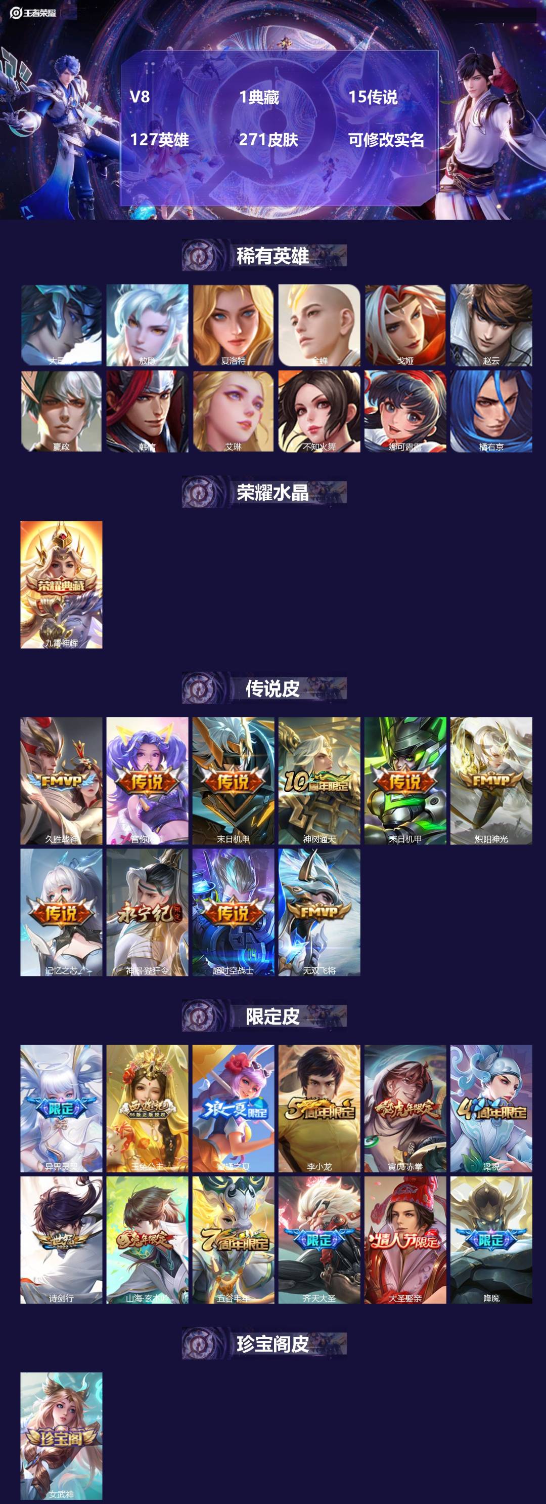 王者荣耀账号苹果QQ127英雄-271皮肤-[]V8 1典藏 15传说 127英雄 271皮肤 可修改实名 
【英雄全皮