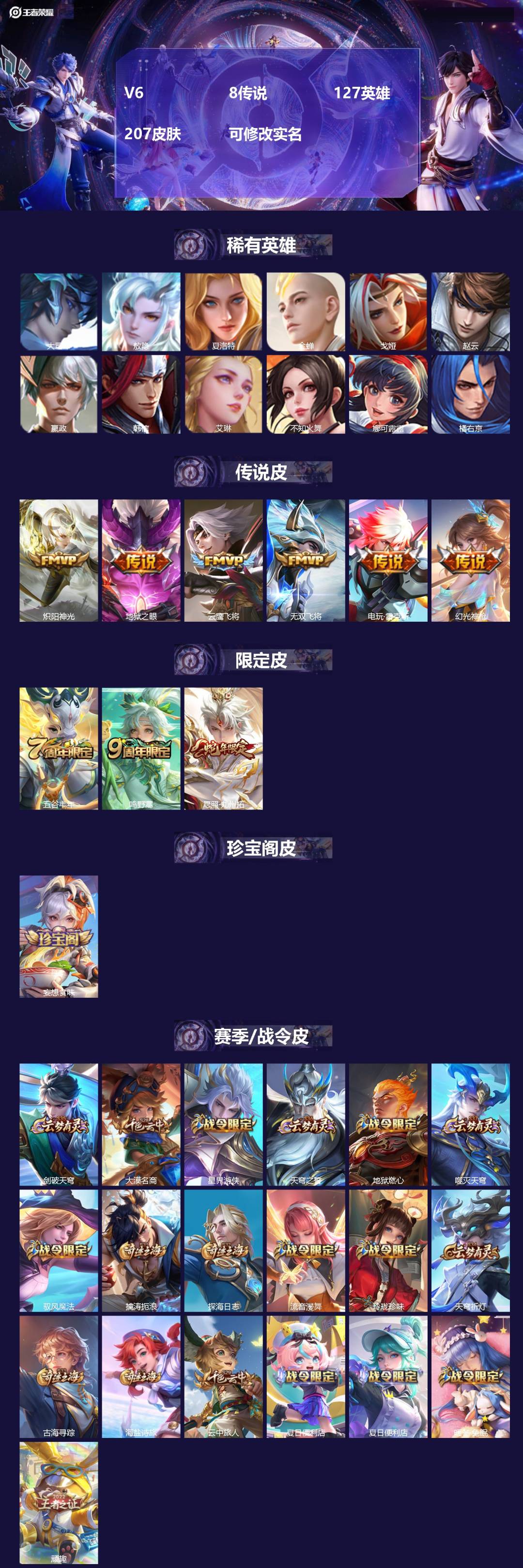 王者荣耀账号苹果VX[14882721]V6 8传说 127英雄 207皮肤 可修改实名 
【英雄全皮】:敖隐全皮
【稀