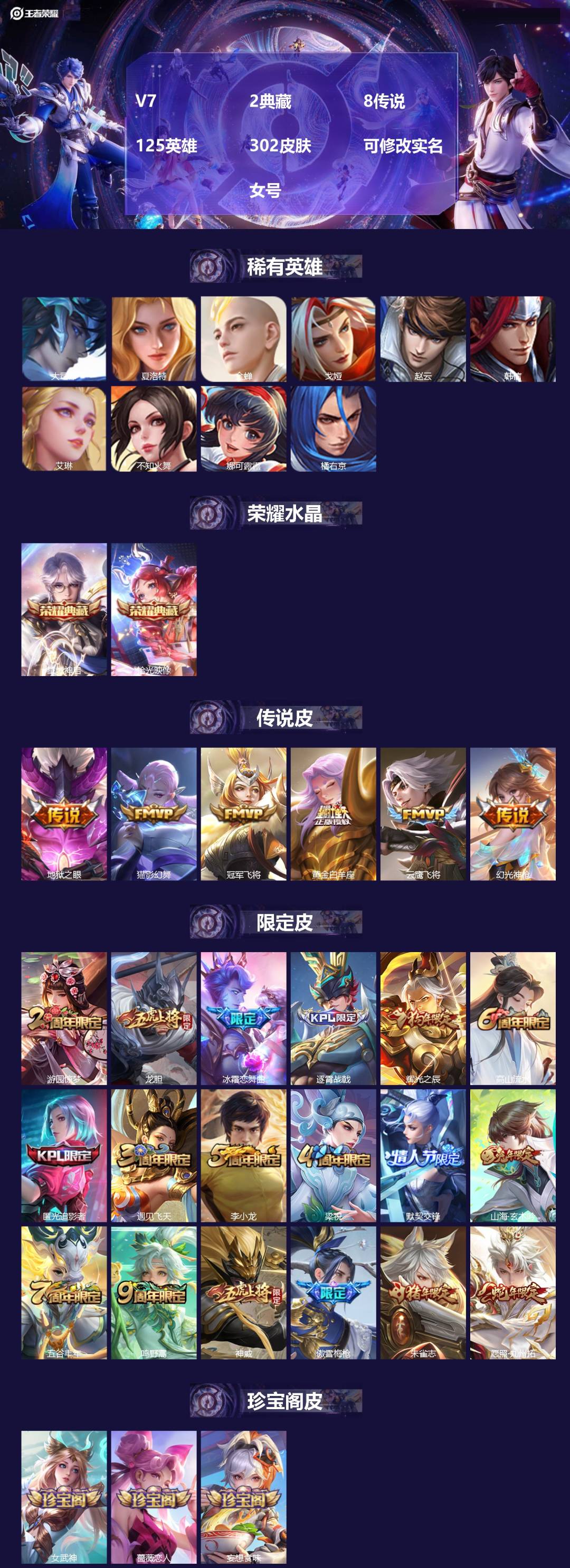 王者荣耀账号安卓QQ125英雄-302皮肤-[]V7 2典藏 8传说 125英雄 302皮肤 可修改实名  女号
【英雄