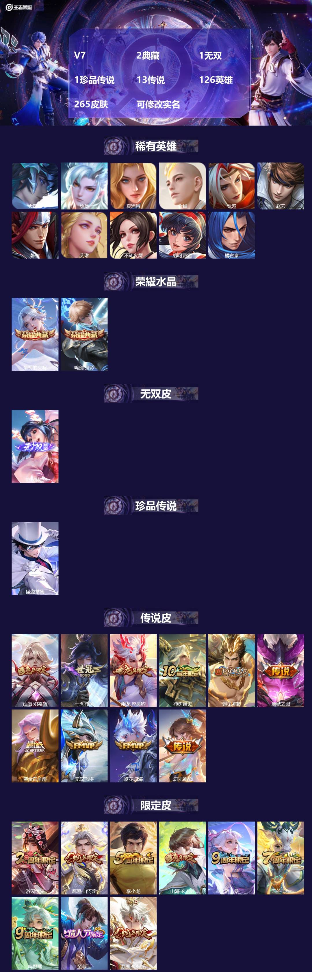 王者荣耀账号安卓QQ126英雄-265皮肤-[]V7 2典藏 1无双 1珍品传说 13传说 126英雄 265皮肤 可修
