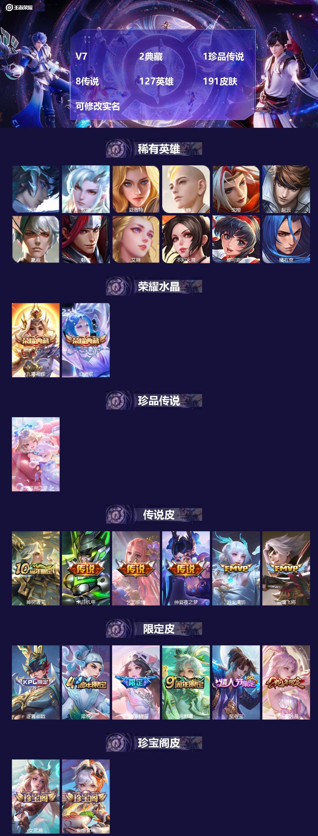 王者荣耀账号安卓QQ[14902301]V7 2典藏 1珍品传说 8传说 127英雄 191皮肤 可修改实名 
【英雄全