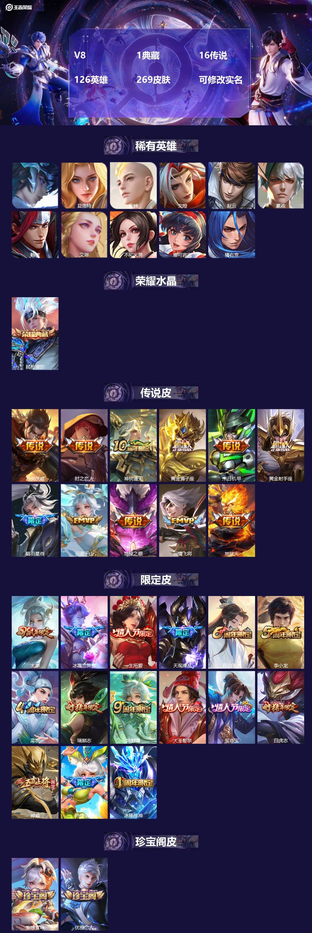 王者荣耀账号苹果QQV8 1典藏 16传说 126英雄 269皮肤 可修改实名 
【英雄全皮】:蚩奼全皮
【稀有英雄】: