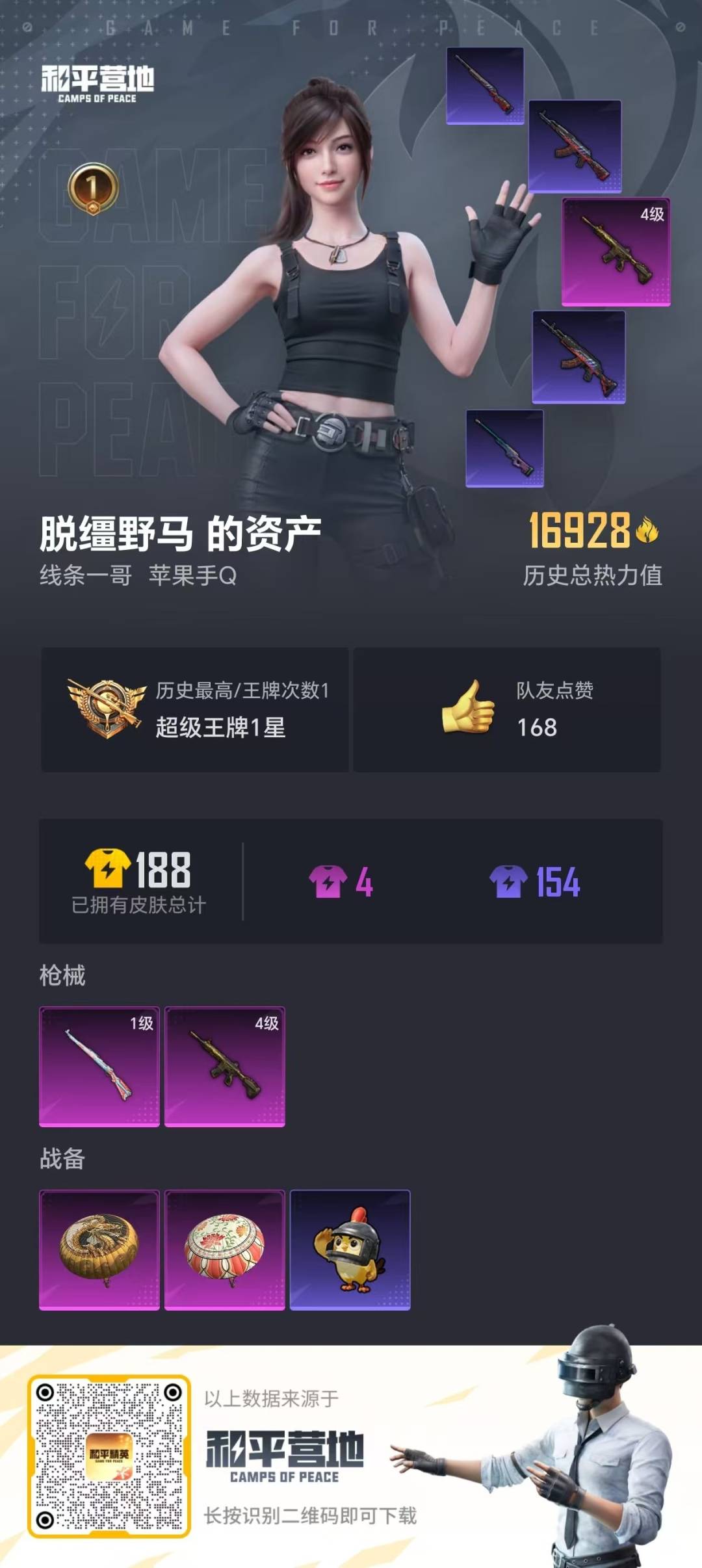 和平精英账号苹果QQ0载具-43套装-52枪皮-[]2特效枪 1印记 可二次 
【热门装扮】:鹰眼刺客
【稀有枪皮】:K