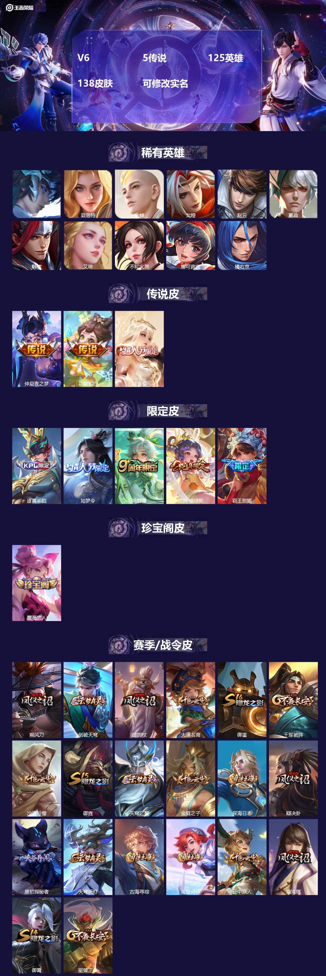 王者荣耀账号苹果QQ[14911870]V6 5传说 125英雄 138皮肤 可修改实名 
【稀有英雄】:大司命,嬴政(