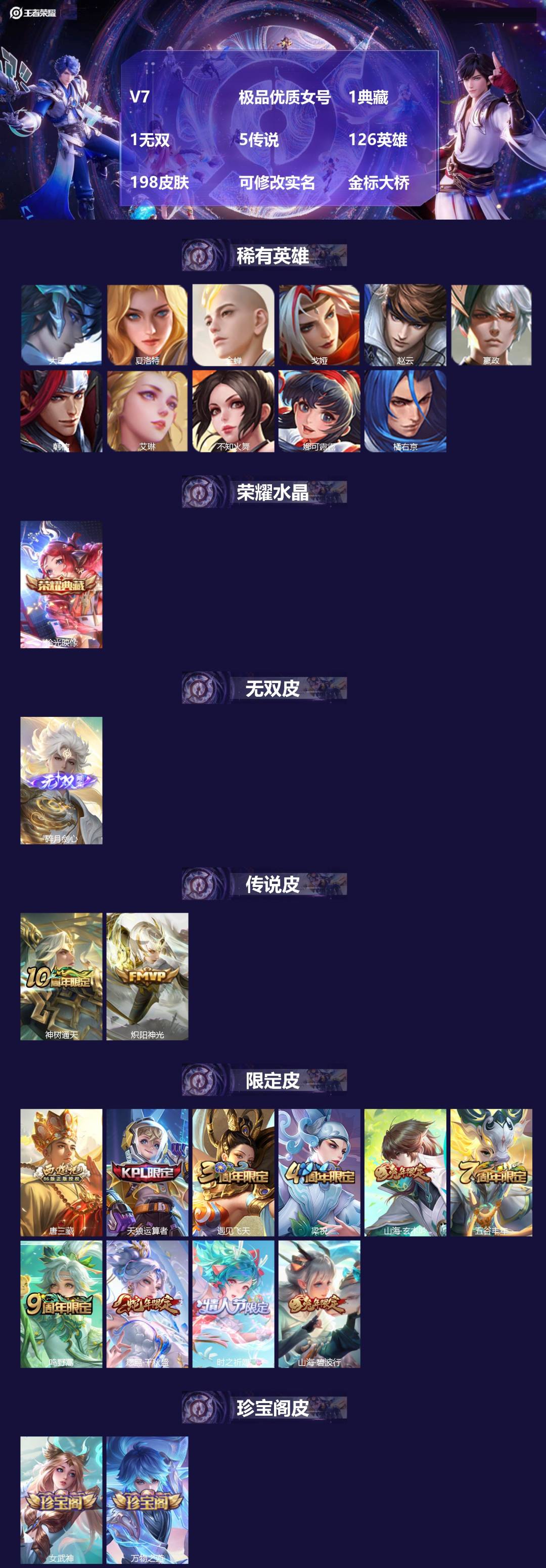 王者荣耀账号苹果QQ[14912211]V7 极品优质女号 1典藏 1无双 5传说 126英雄 198皮肤 可修改实名 