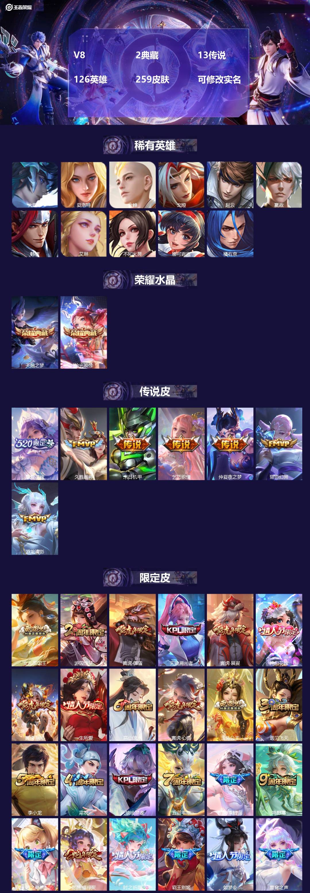 王者荣耀账号安卓QQ126英雄-259皮肤-[]V8 2典藏 13传说 126英雄 259皮肤 可修改实名 
【稀有英雄