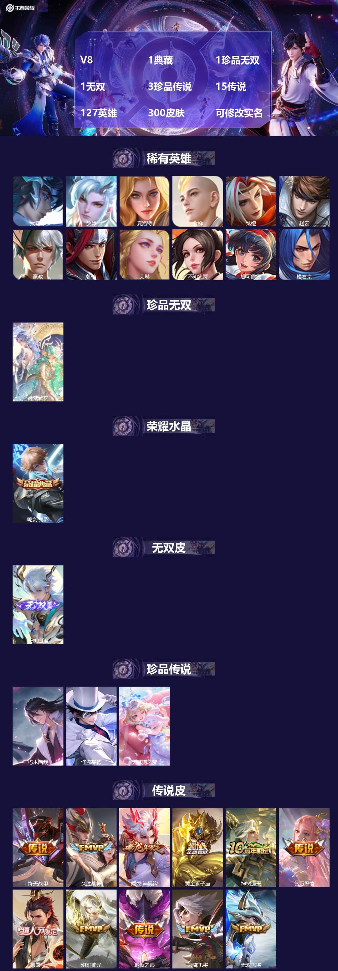 王者荣耀账号苹果QQV8 1典藏 1珍品无双 1无双 3珍品传说 15传说 127英雄 300皮肤 可修改实名 
【英雄