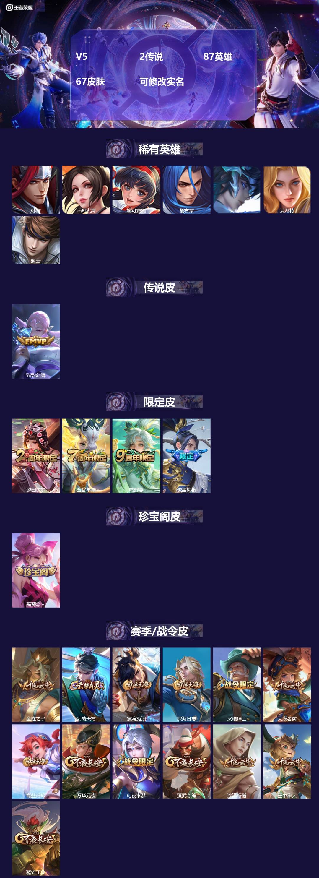 王者荣耀账号安卓QQ87英雄-67皮肤-[]V5 2传说 87英雄 67皮肤 可修改实名 
【稀有英雄】:大司命,韩信(