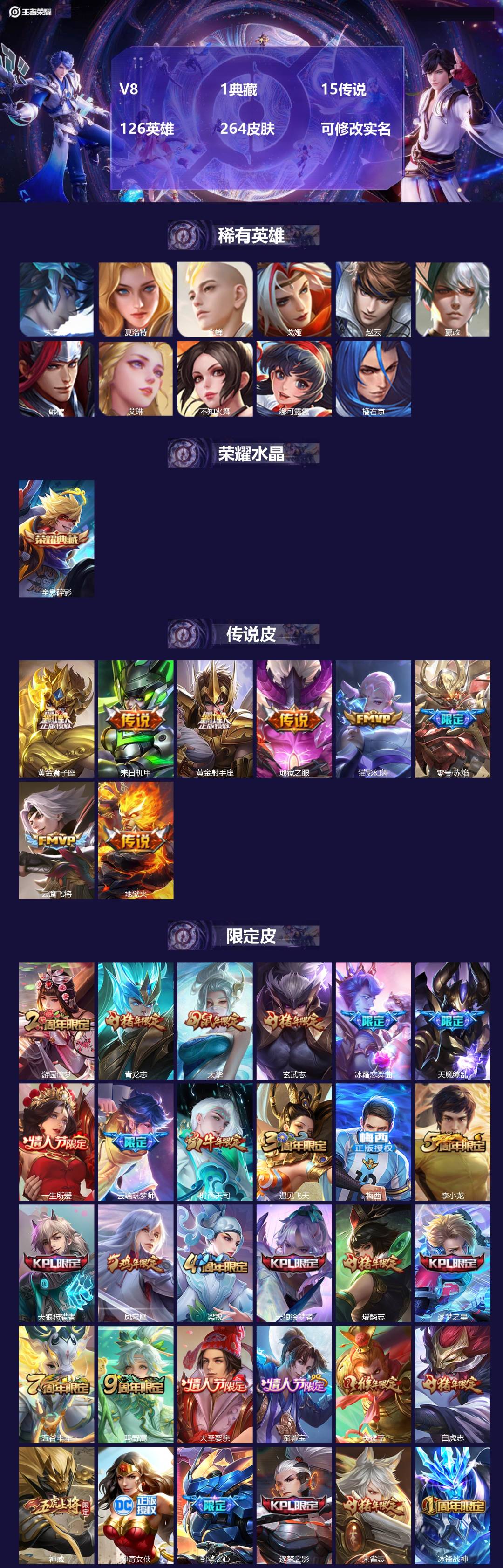 王者荣耀账号苹果QQ126英雄-264皮肤-[]V8 1典藏 15传说 126英雄 264皮肤 可修改实名 
【稀有英雄