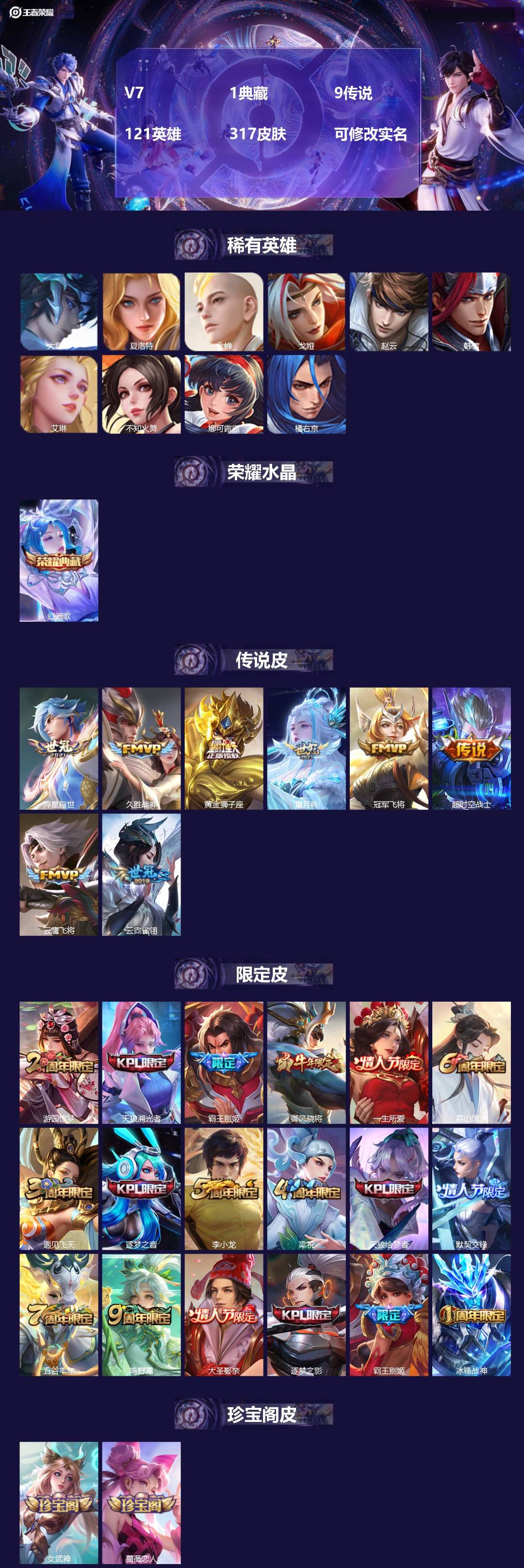 王者荣耀账号安卓QQ121英雄-317皮肤-[]V7 1典藏 9传说 121英雄 317皮肤 可修改实名 
【英雄全皮】