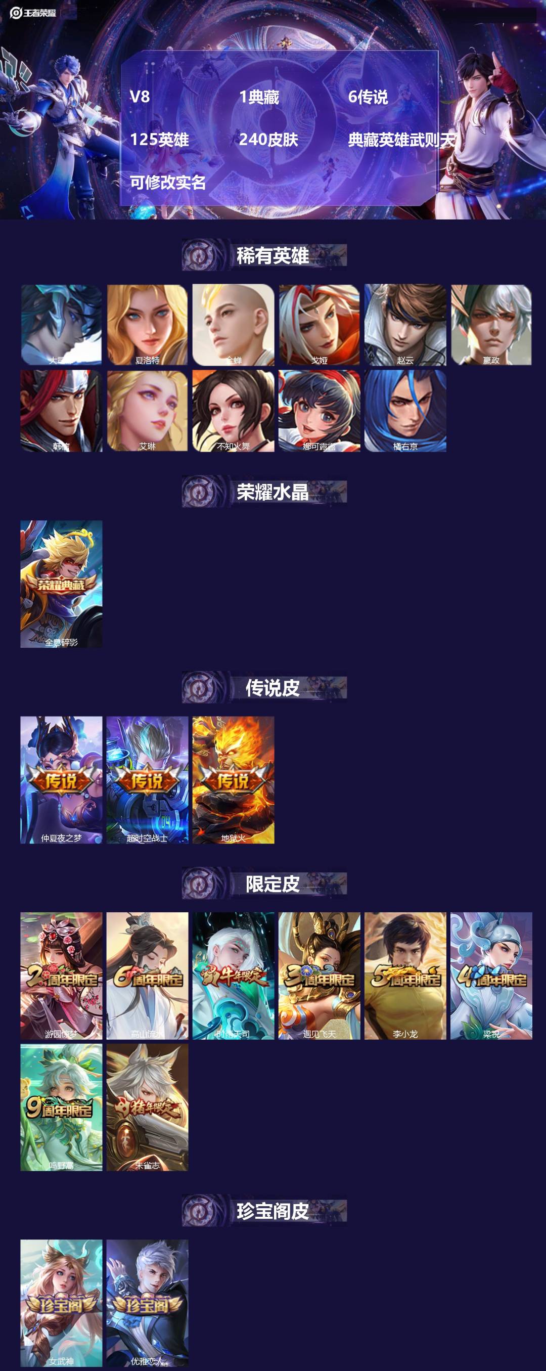 王者荣耀账号安卓QQ[14946287]V8 1典藏 6传说 125英雄 240皮肤 典藏英雄武则天 可修改实名 
【稀