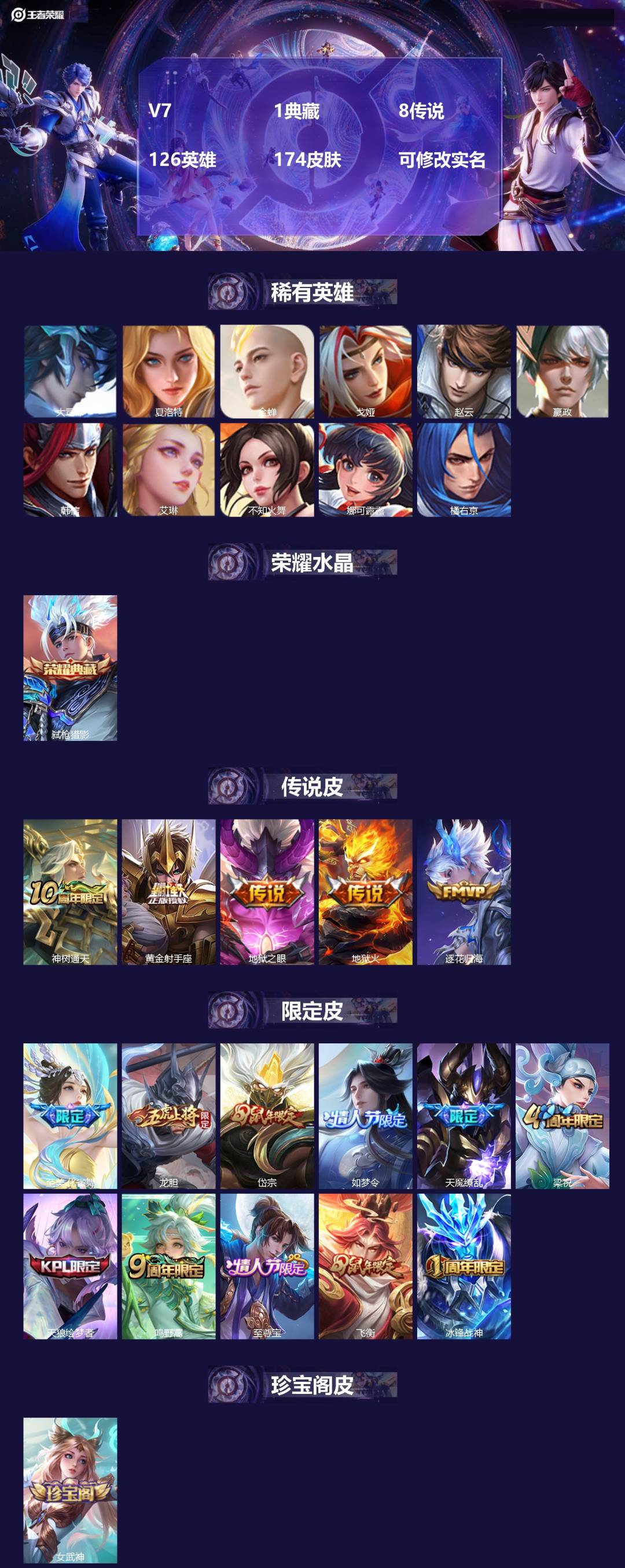 王者荣耀账号苹果QQV7 1典藏 8传说 126英雄 174皮肤 可修改实名 
【英雄全皮】:孙权全皮
【稀有英雄】:大