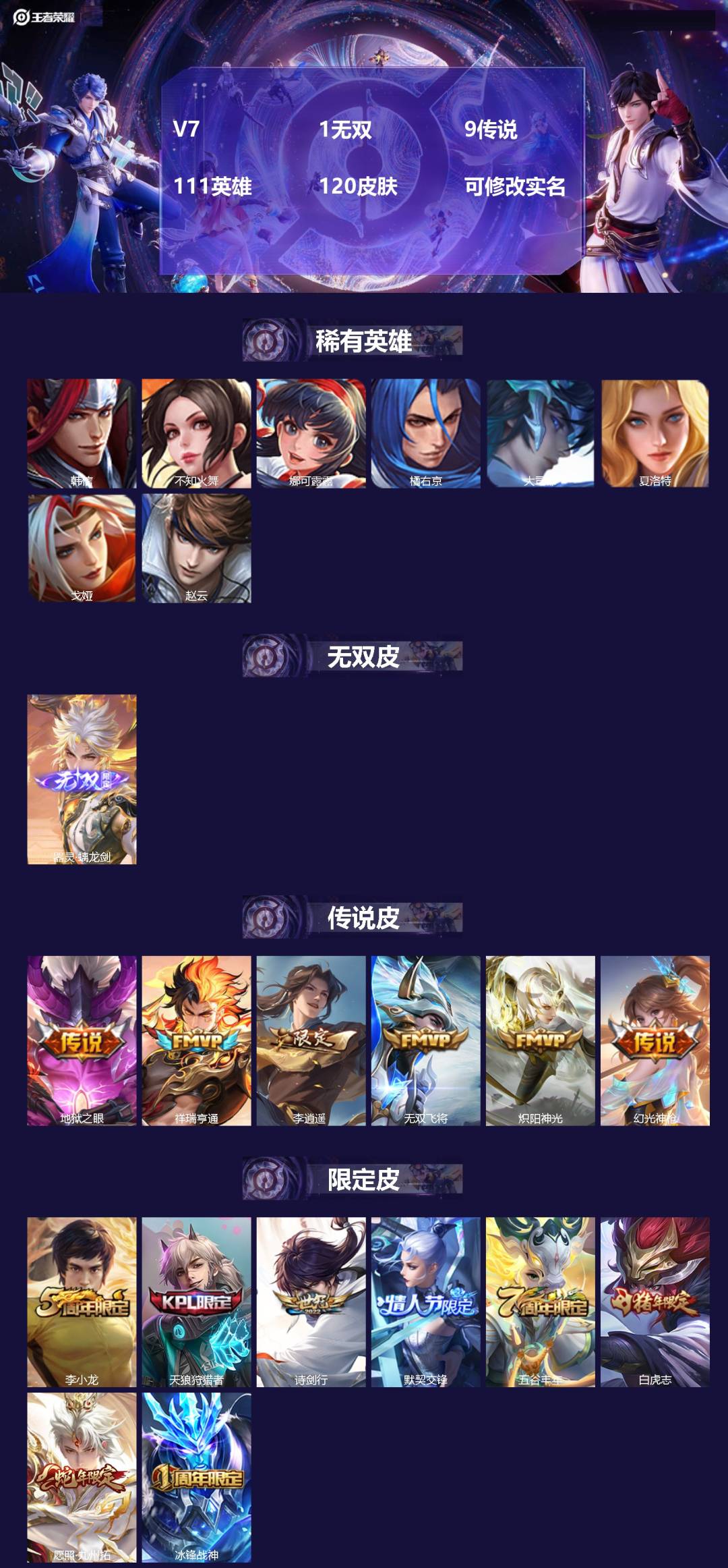 王者荣耀账号苹果QQV7 1无双 9传说 111英雄 120皮肤 可修改实名 
【英雄全皮】:蚩奼全皮,影全皮
【稀有英