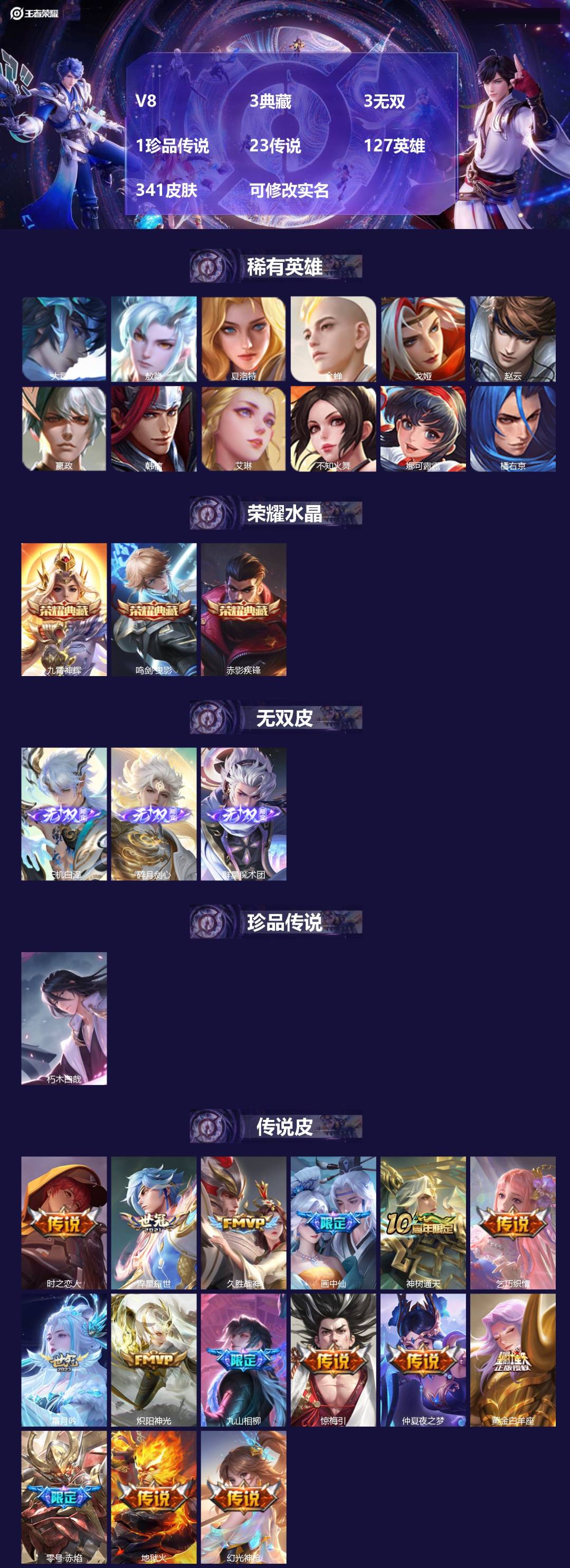 王者荣耀账号安卓QQV8 3典藏 3无双 1珍品传说 23传说 127英雄 341皮肤 可修改实名 
【英雄全皮】:司空