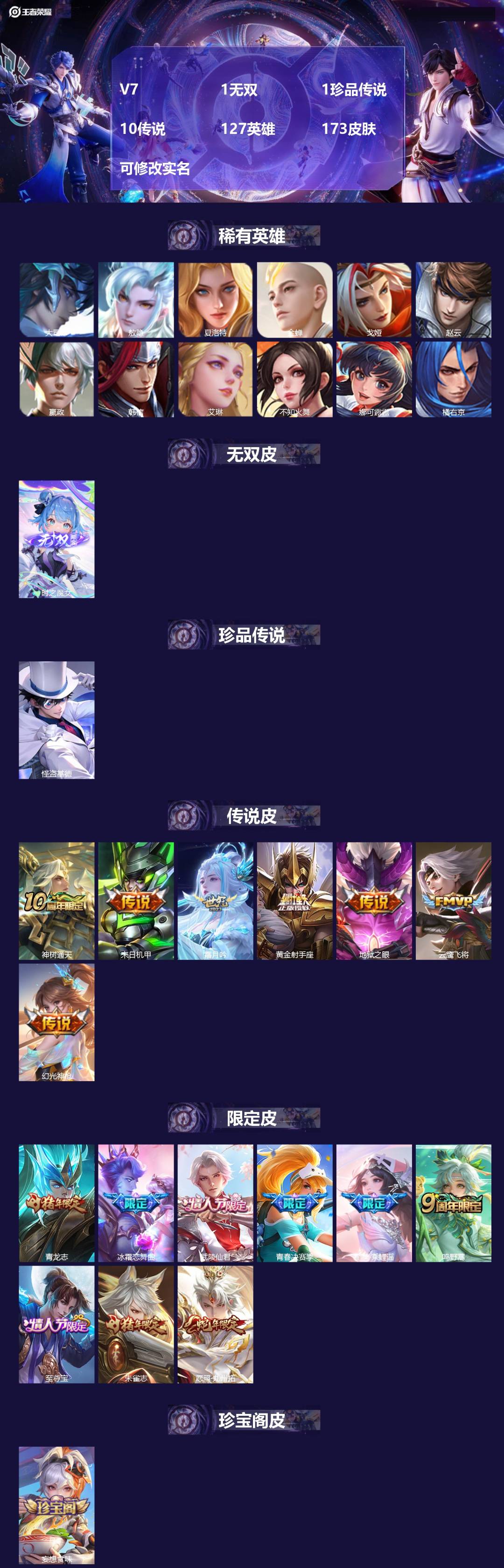 王者荣耀账号安卓QQV7 1无双 1珍品传说 10传说 127英雄 173皮肤 可修改实名 
【英雄全皮】:敖隐全皮
【