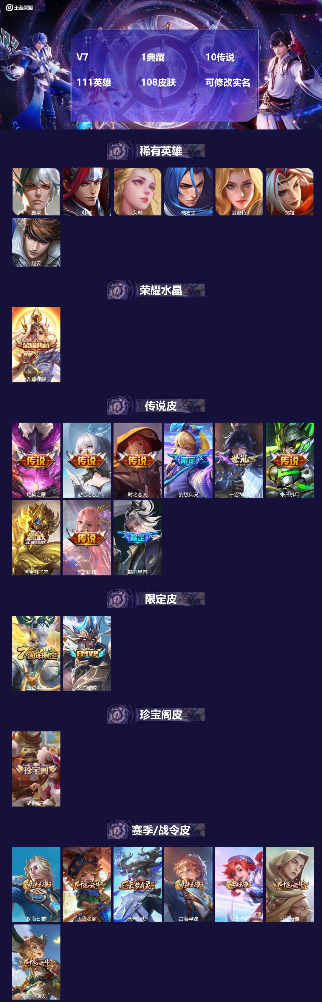 王者荣耀账号苹果QQV7 1典藏 10传说 111英雄 108皮肤 可修改实名 
【英雄全皮】蒙恬全皮 
【稀有英雄】嬴