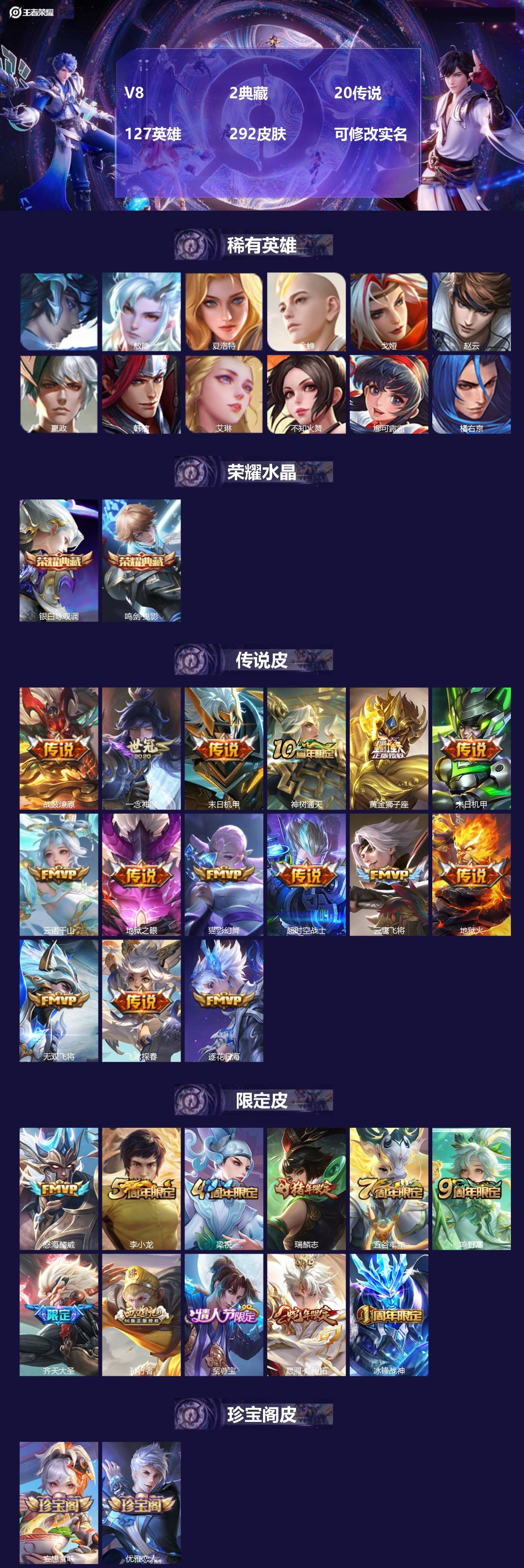 王者荣耀账号安卓QQ127英雄-292皮肤-[]V8 2典藏 20传说 127英雄 292皮肤 可修改实名 
【英雄全皮