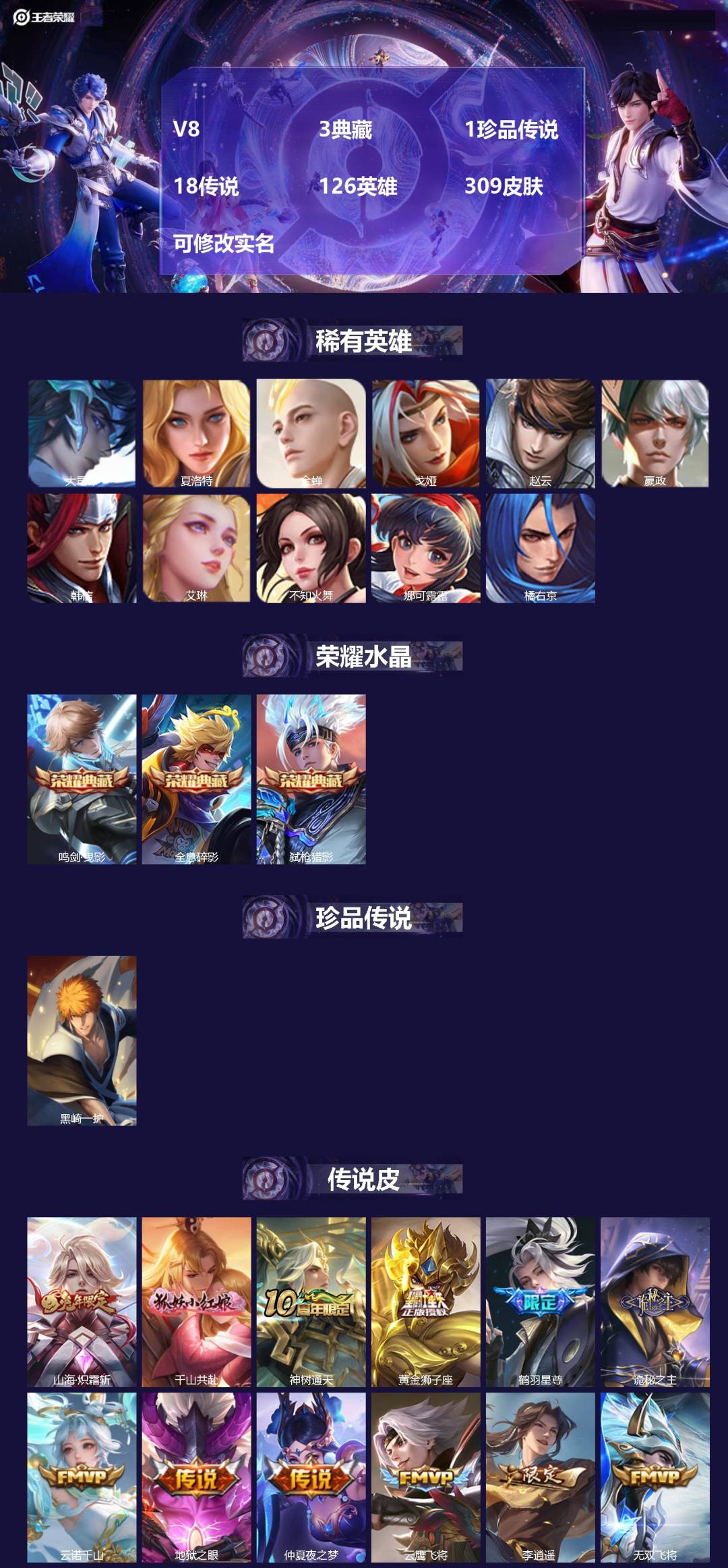 王者荣耀账号安卓QQ[15011994]V8 3典藏 1珍品传说 18传说 126英雄 309皮肤 可修改实名 
【英雄