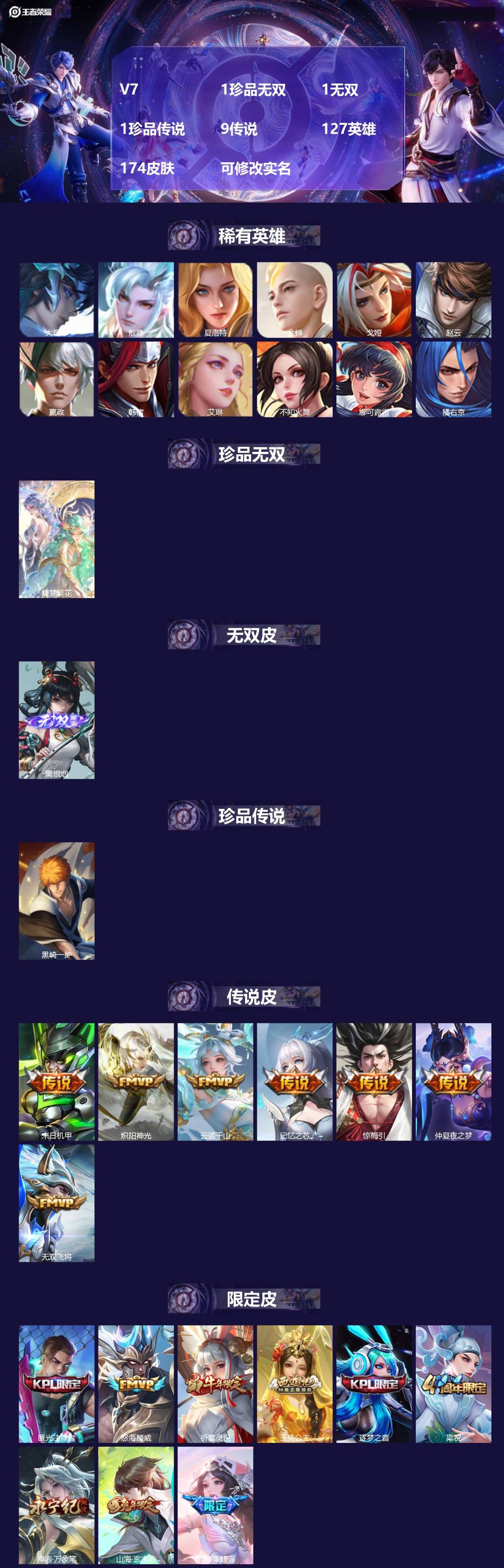王者荣耀账号苹果VX127英雄-174皮肤-[]V7 1珍品无双 1无双 1珍品传说 9传说 127英雄 174皮肤 可