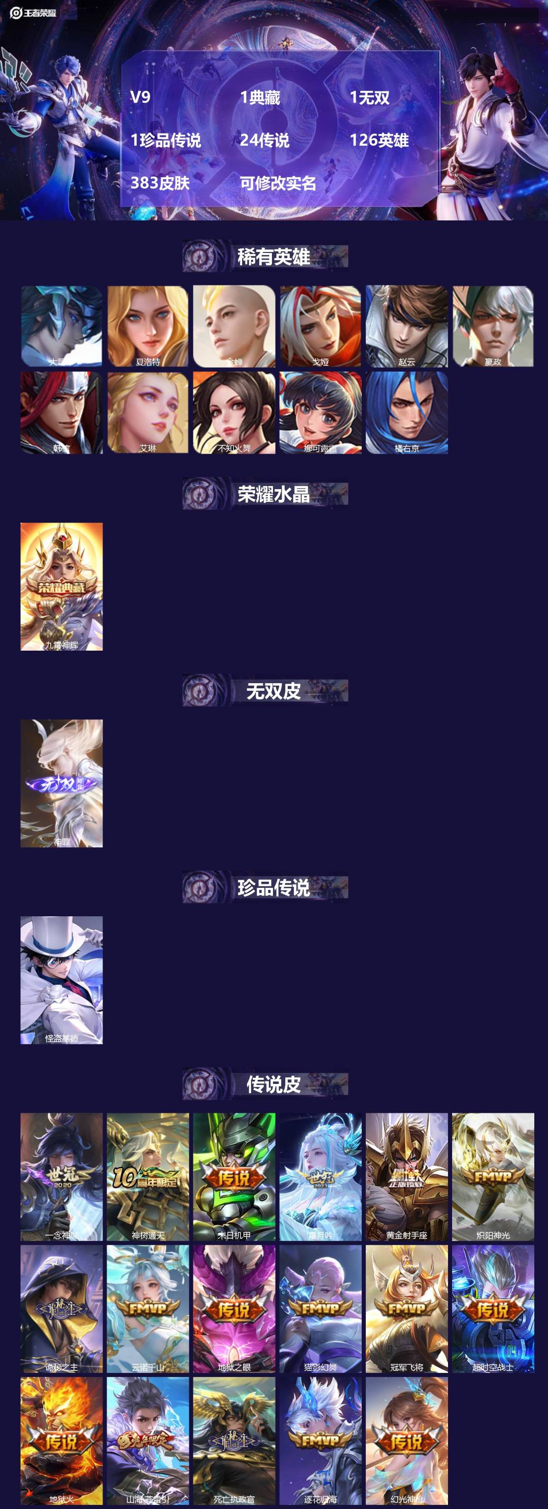 王者荣耀账号安卓QQ[15041657]V9 1典藏 1无双 1珍品传说 24传说 126英雄 383皮肤 可修改实名 