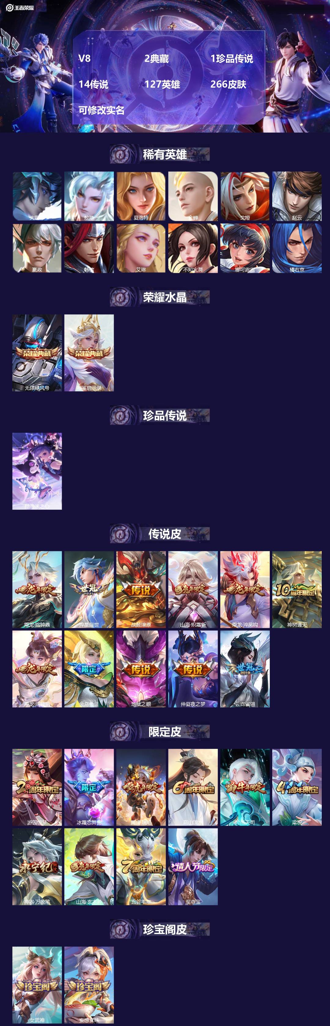 王者荣耀账号苹果QQ[15041803]V8 2典藏 1珍品传说 14传说 127英雄 266皮肤 可修改实名 
【英雄