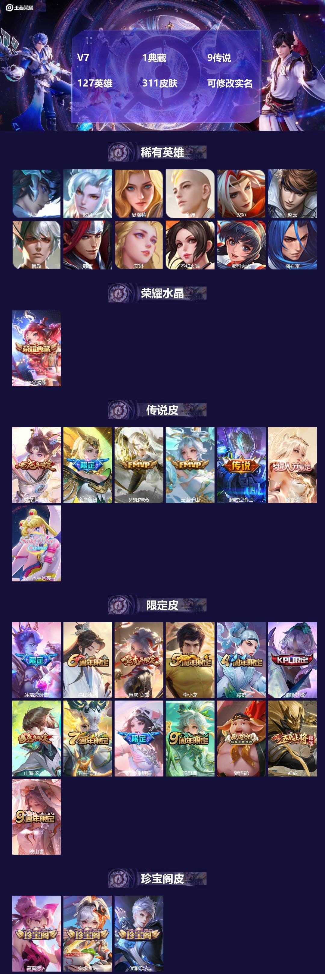 王者荣耀账号苹果QQ127英雄-311皮肤-[]V7 1典藏 9传说 127英雄 311皮肤 可修改实名 
【英雄全皮】