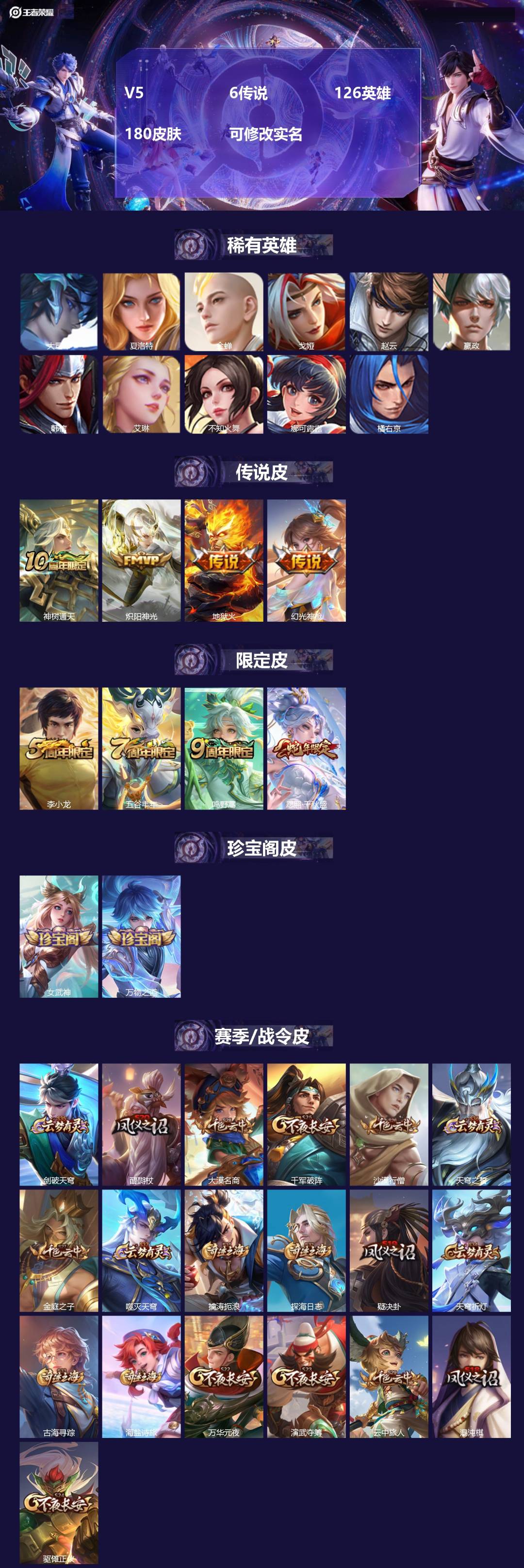 王者荣耀账号安卓VXV5 6传说 126英雄 180皮肤 可修改实名 
【英雄全皮】:空空儿全皮,影全皮
【稀有英雄】: