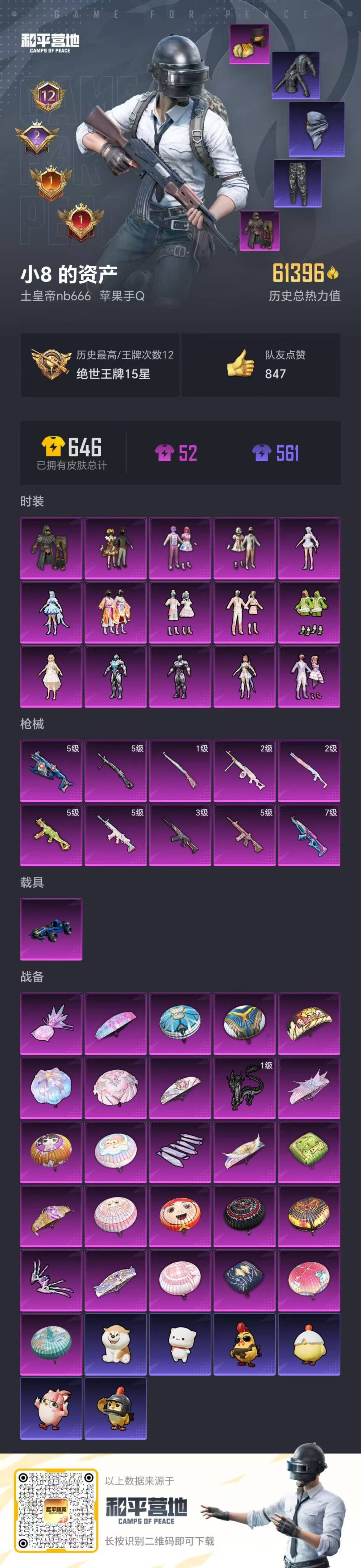 和平精英账号苹果QQ1载具-125套装-167枪皮-[]15粉装 10特效枪 1载具 12印记 可二次 可修改实名 
【