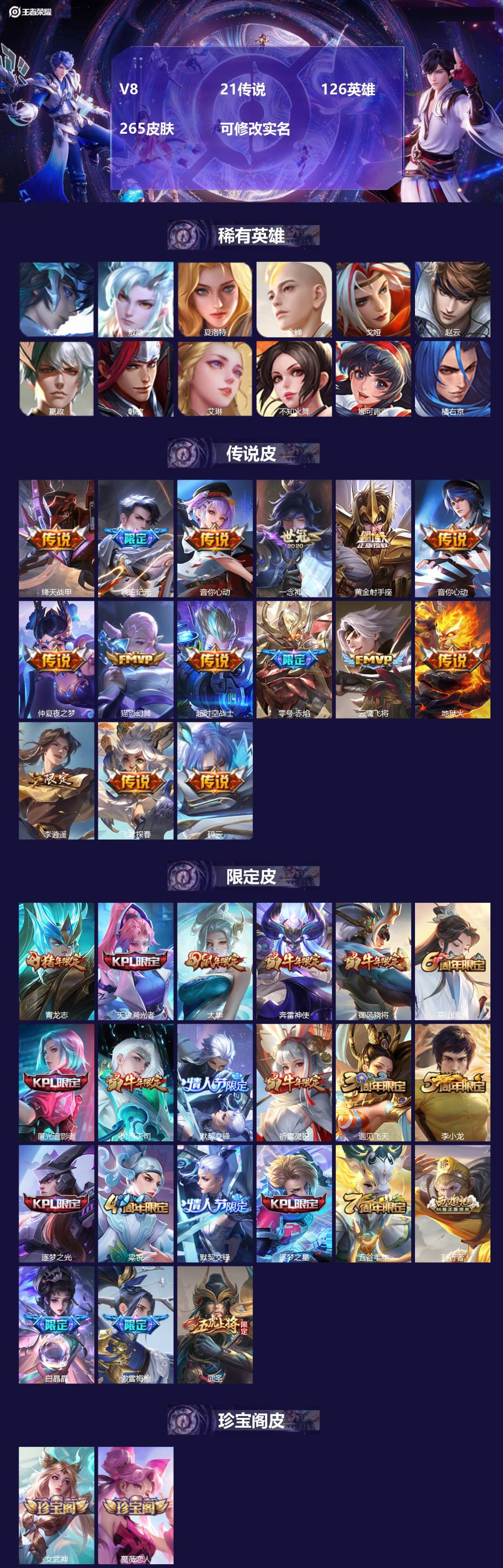 王者荣耀账号苹果QQ[15044892]V8 21传说 126英雄 265皮肤 可修改实名 
【英雄全皮】:敖隐全皮
【