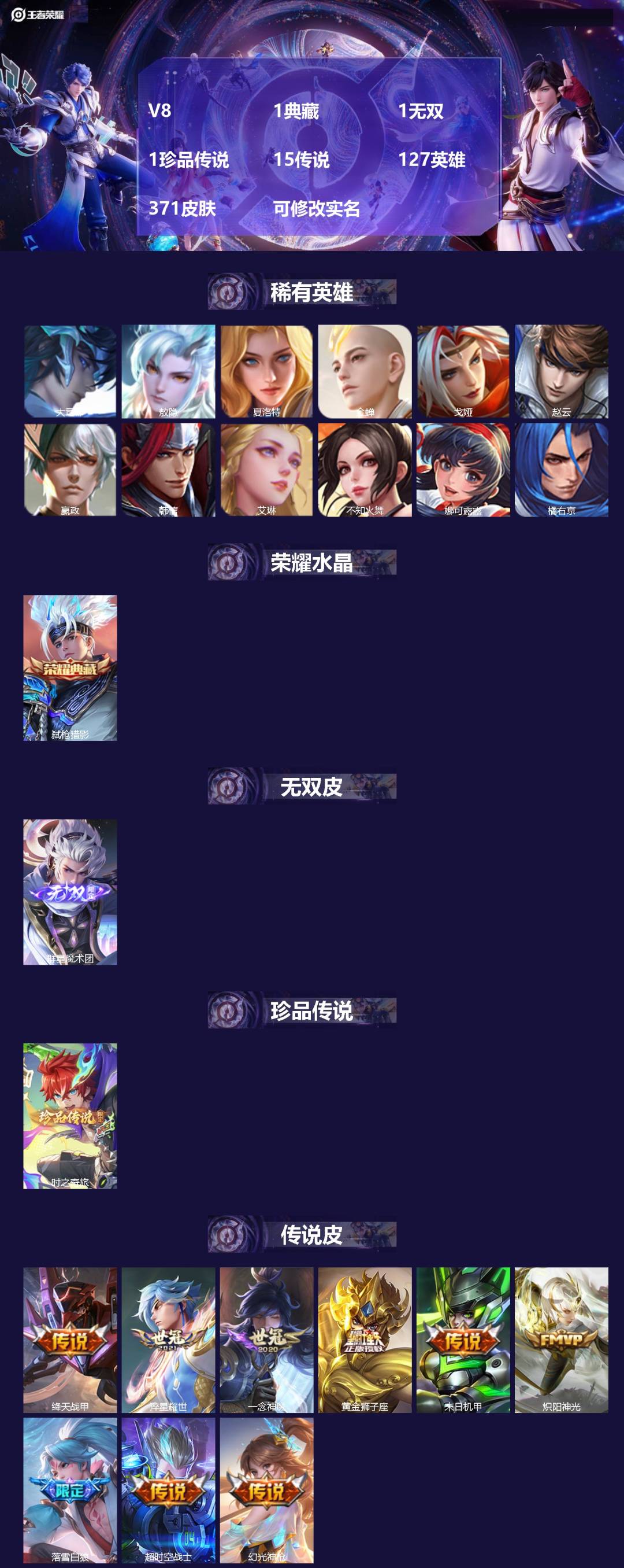 王者荣耀账号安卓QQ127英雄-371皮肤-[]V8 1典藏 1无双 1珍品传说 15传说 127英雄 371皮肤 可修