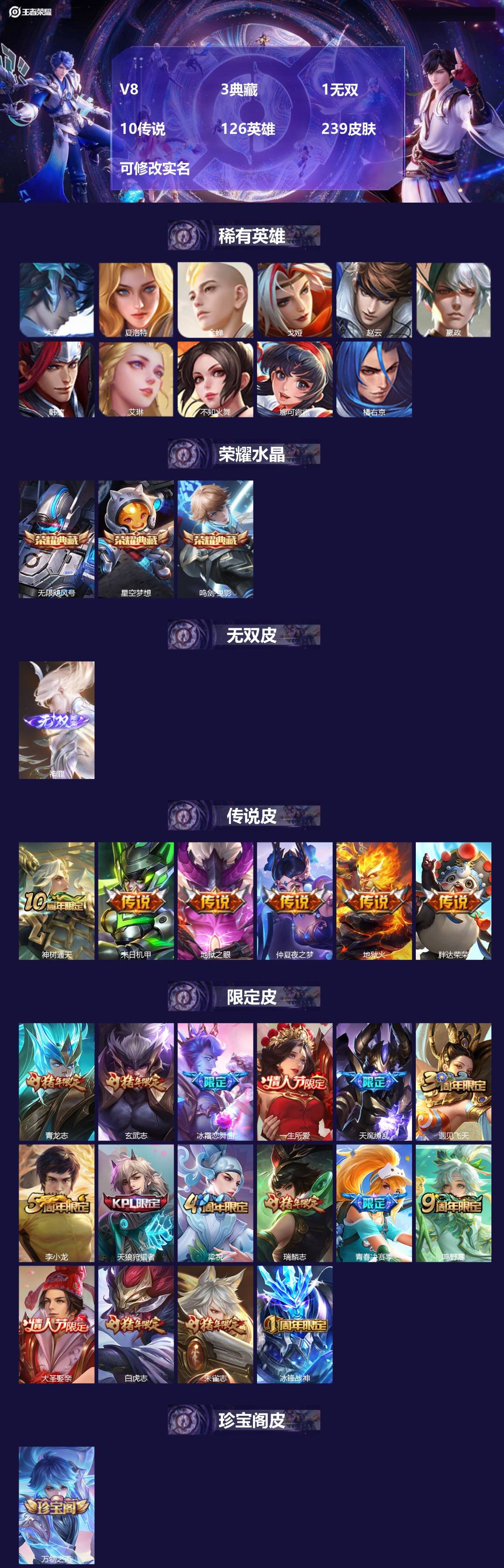 王者荣耀账号苹果QQ126英雄-239皮肤-[]V8 3典藏 1无双 10传说 126英雄 239皮肤 可修改实名 
【