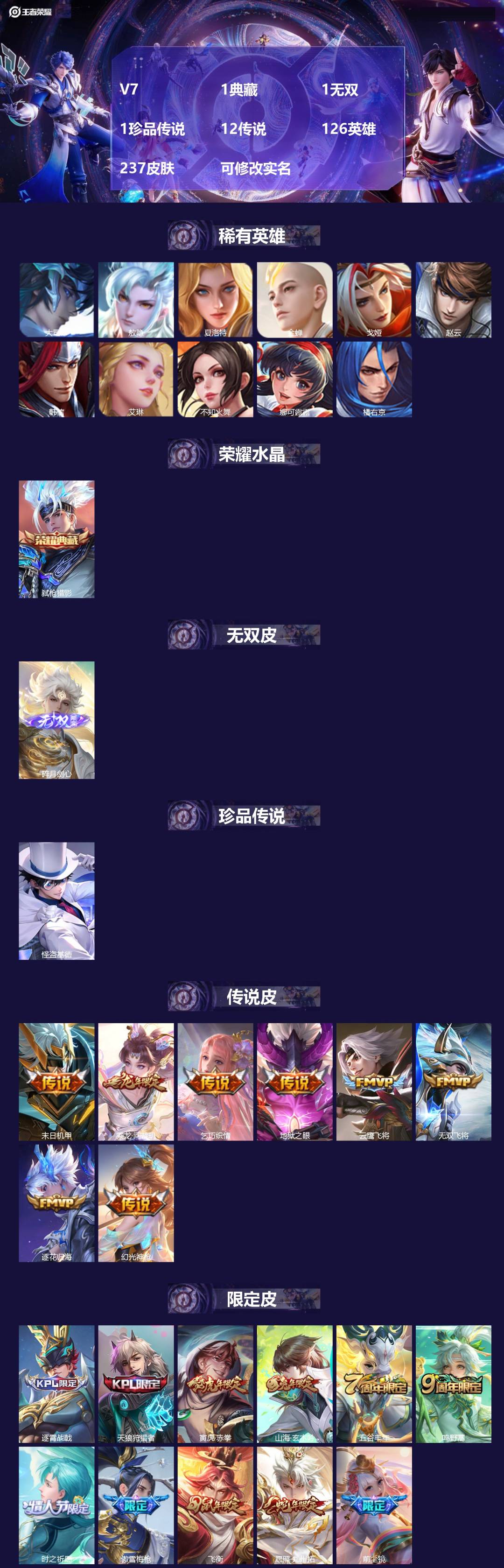 王者荣耀账号苹果QQV7 1典藏 1无双 1珍品传说 12传说 126英雄 237皮肤 可修改实名 
【英雄全皮】:娜可