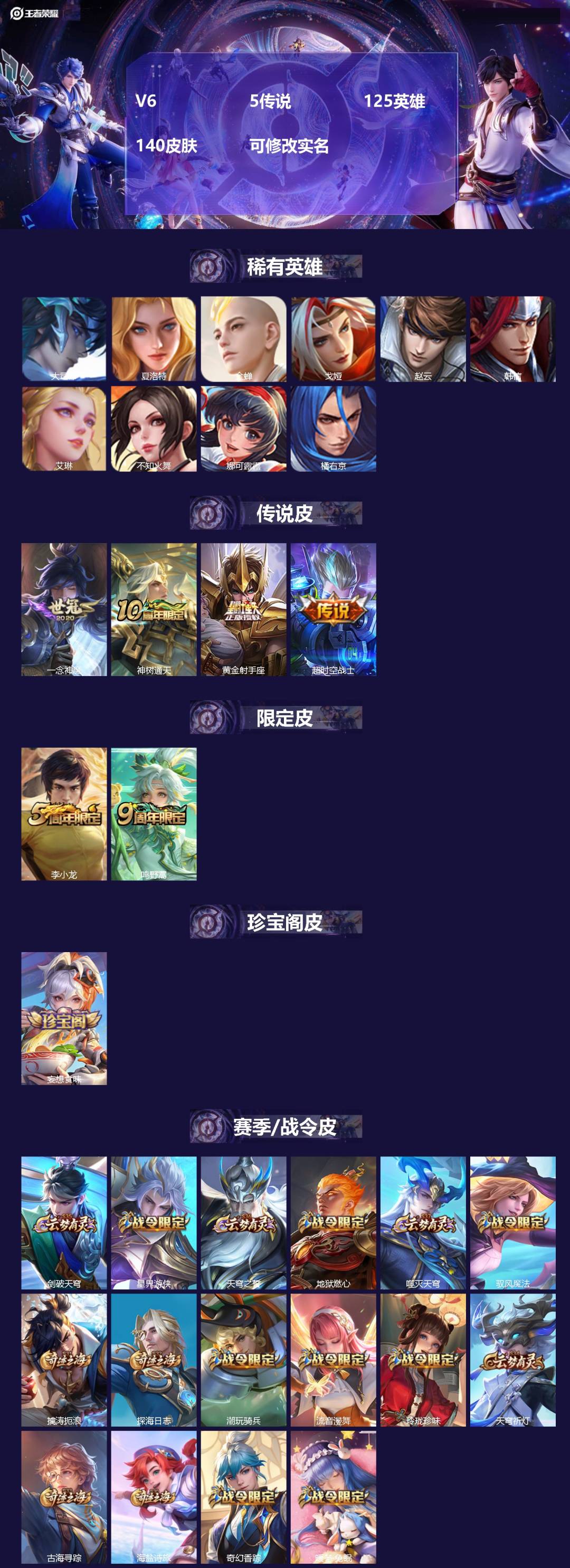 王者荣耀账号苹果QQV6 5传说 125英雄 140皮肤 可修改实名 
【稀有英雄】大司命,韩信(韩跳跳),夏洛特(夏师