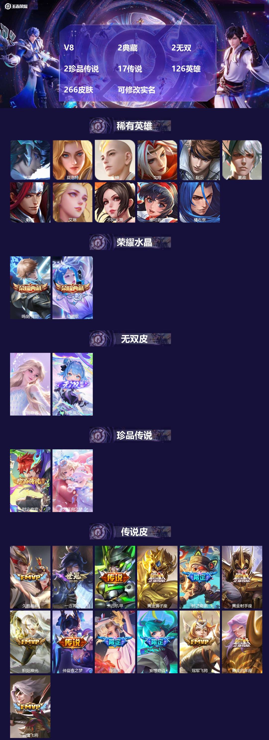 王者荣耀账号苹果QQV8 2典藏 2无双 2珍品传说 17传说 126英雄 266皮肤 可修改实名 
【英雄全皮】:蚩奼