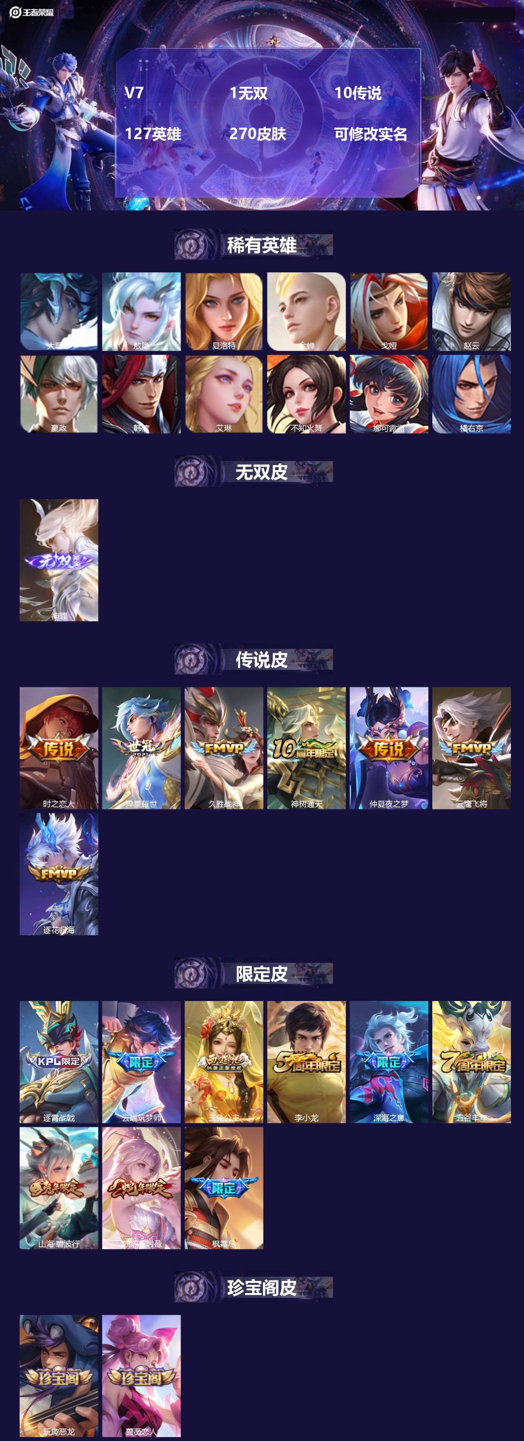 王者荣耀账号安卓QQV7 1无双 10传说 127英雄 270皮肤 可修改实名 
【英雄全皮】:鬼谷子全皮
【稀有英雄】