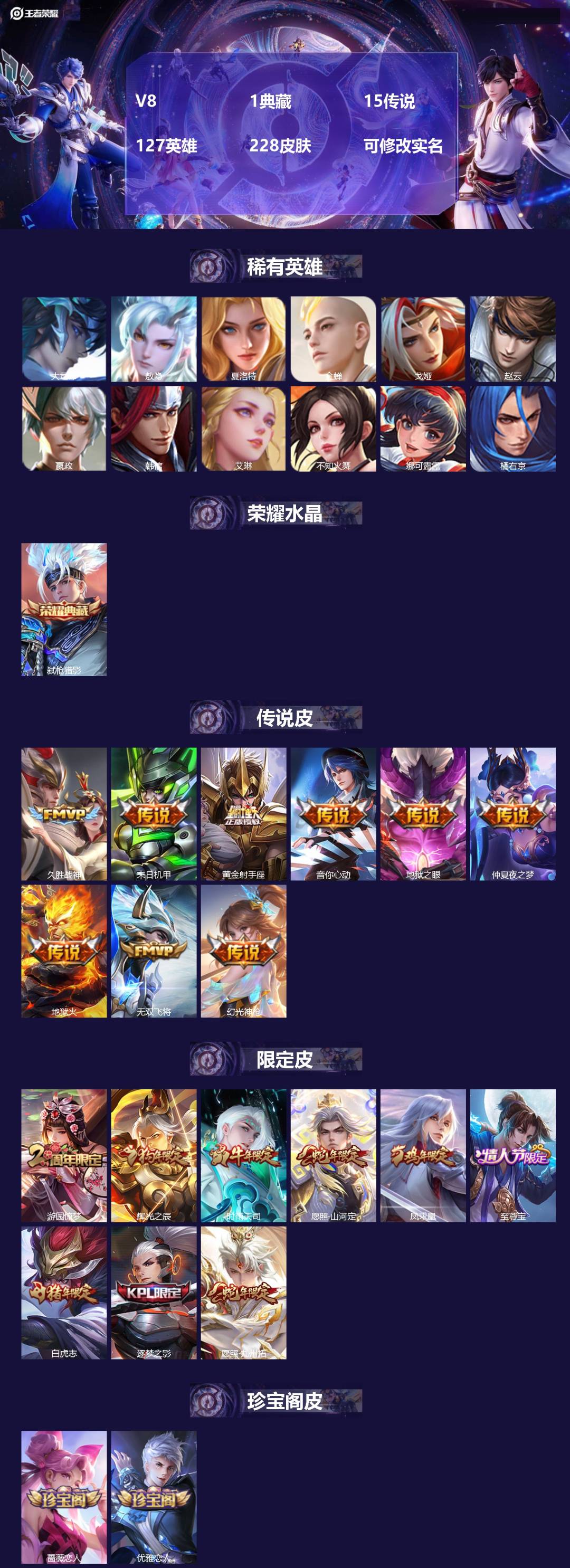 王者荣耀账号苹果QQV8 1典藏 15传说 127英雄 228皮肤 可修改实名 
【英雄全皮】:敖隐全皮,苍全皮,影全皮