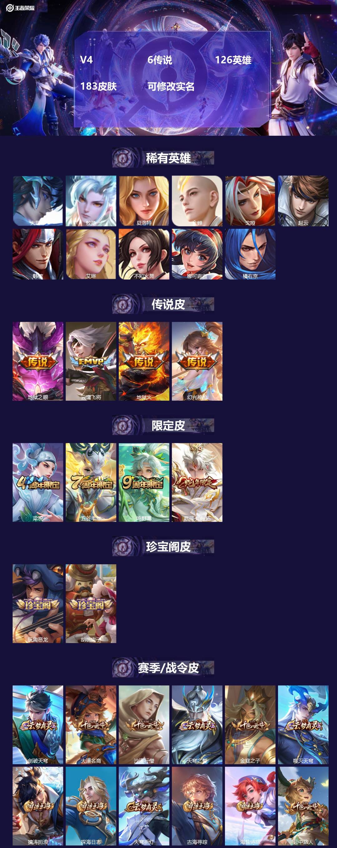 王者荣耀账号安卓QQ126英雄-183皮肤-[]V4 6传说 126英雄 183皮肤 可修改实名 
【英雄全皮】:敖隐全