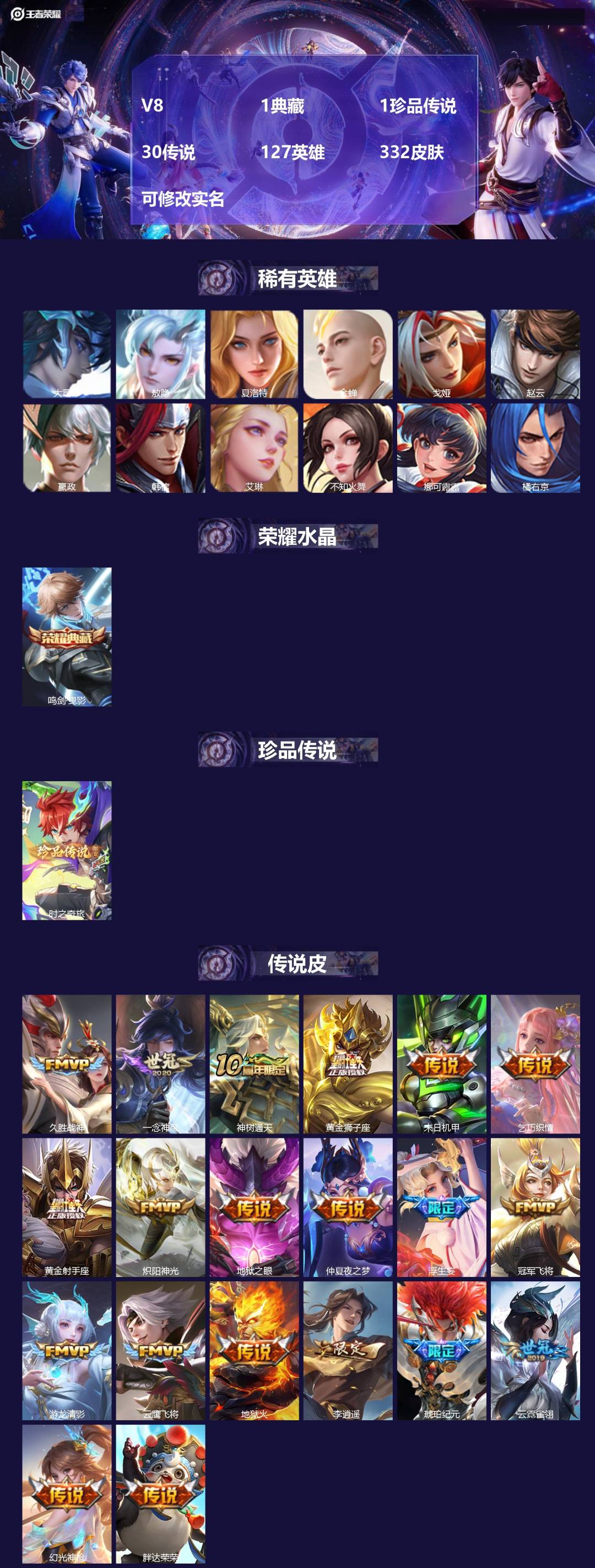 王者荣耀账号安卓QQ[15048692]V8 1典藏 1珍品传说 30传说 127英雄 332皮肤 可修改实名 
【英雄