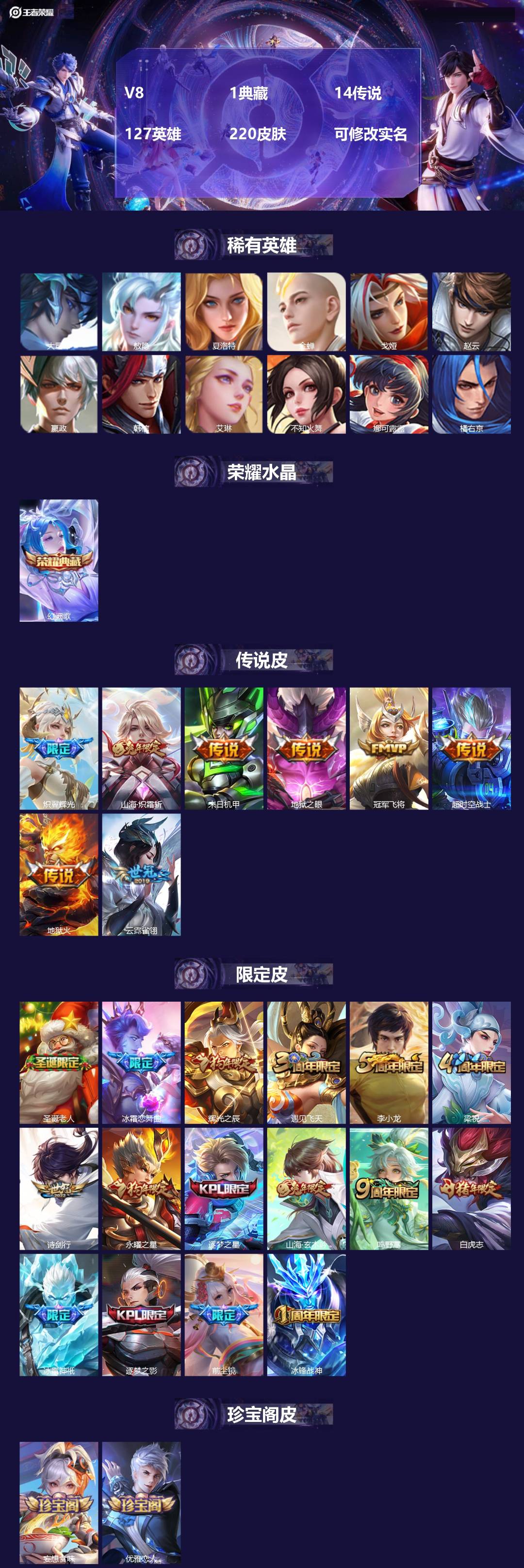 王者荣耀账号安卓QQ[15048919]V8 1典藏 14传说 127英雄 220皮肤 可修改实名 
【英雄全皮】敖隐全