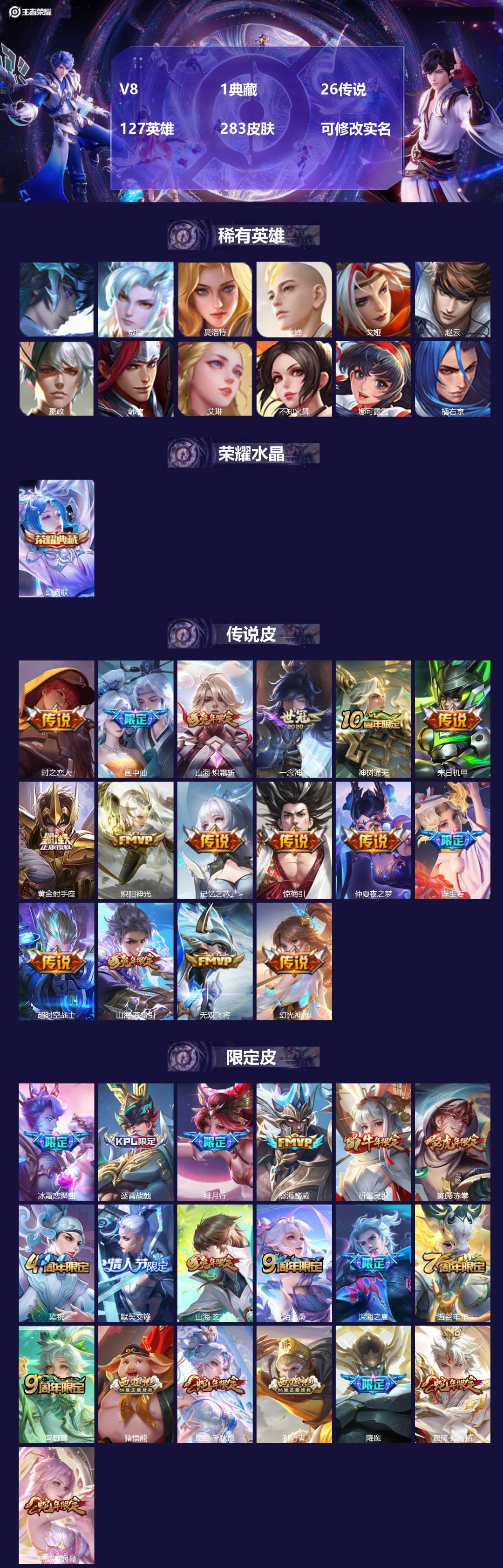 王者荣耀账号苹果QQ127英雄-283皮肤-[]V8 1典藏 26传说 127英雄 283皮肤 可修改实名 
【英雄全皮