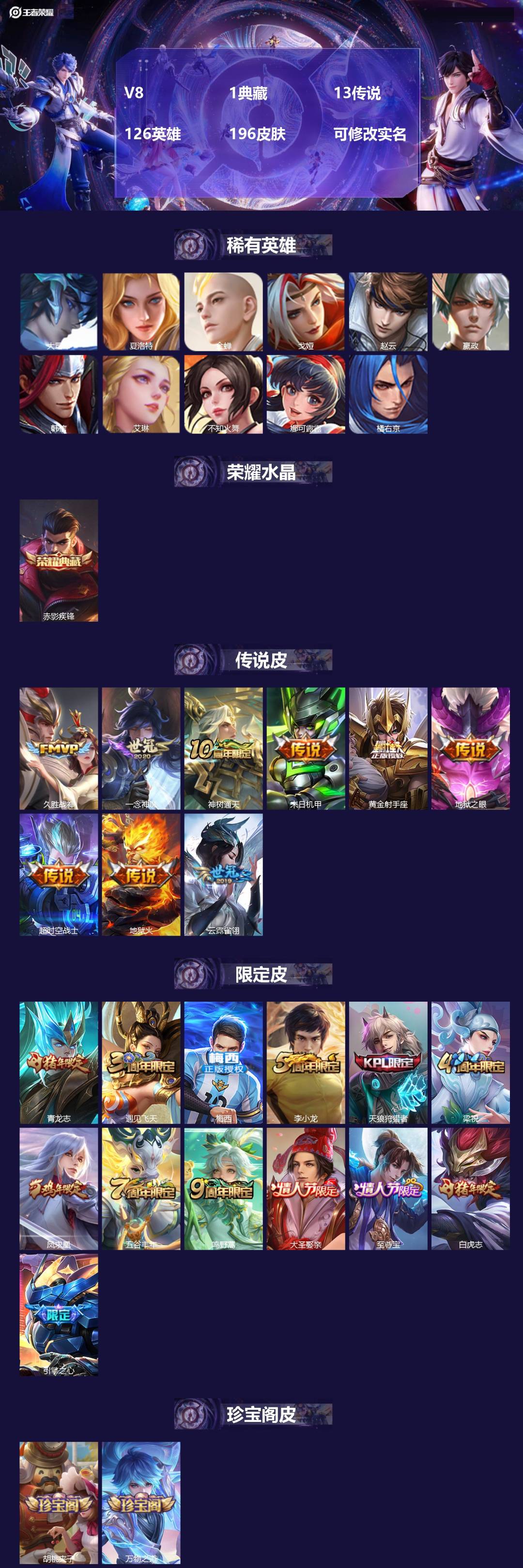 王者荣耀账号安卓QQ[15077533]V8 1典藏 13传说 126英雄 196皮肤 可修改实名 
【稀有英雄】:大司