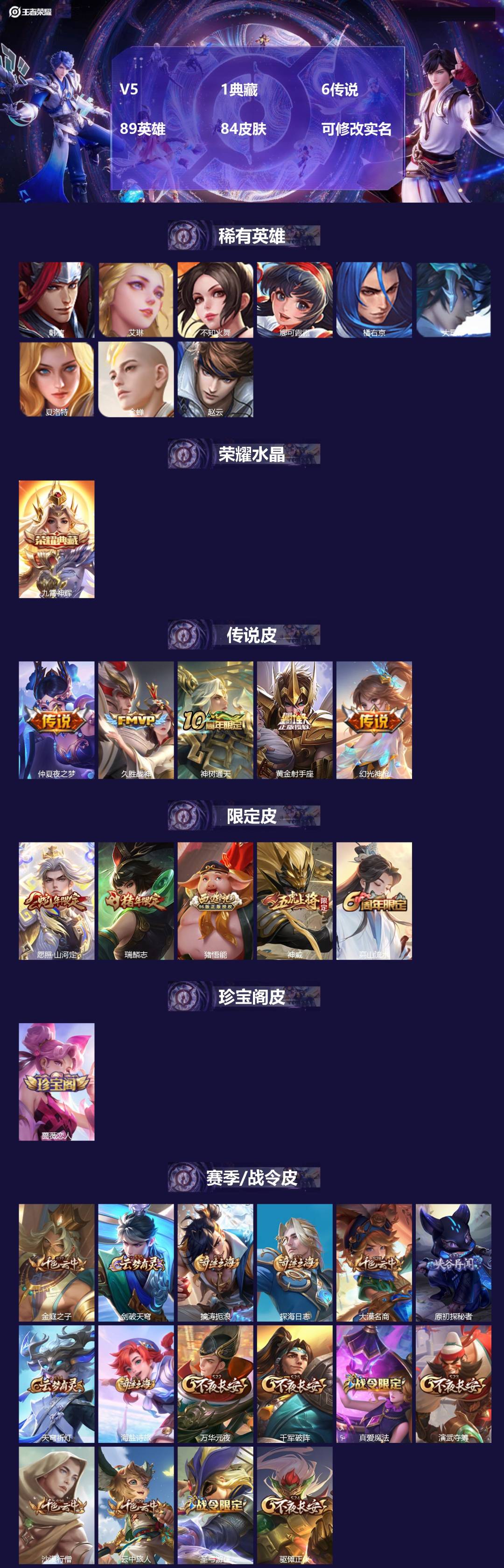 王者荣耀账号安卓QQV5 1典藏 6传说 89英雄 84皮肤 可修改实名 
【稀有英雄】大司命,韩信(韩跳跳),夏洛特(