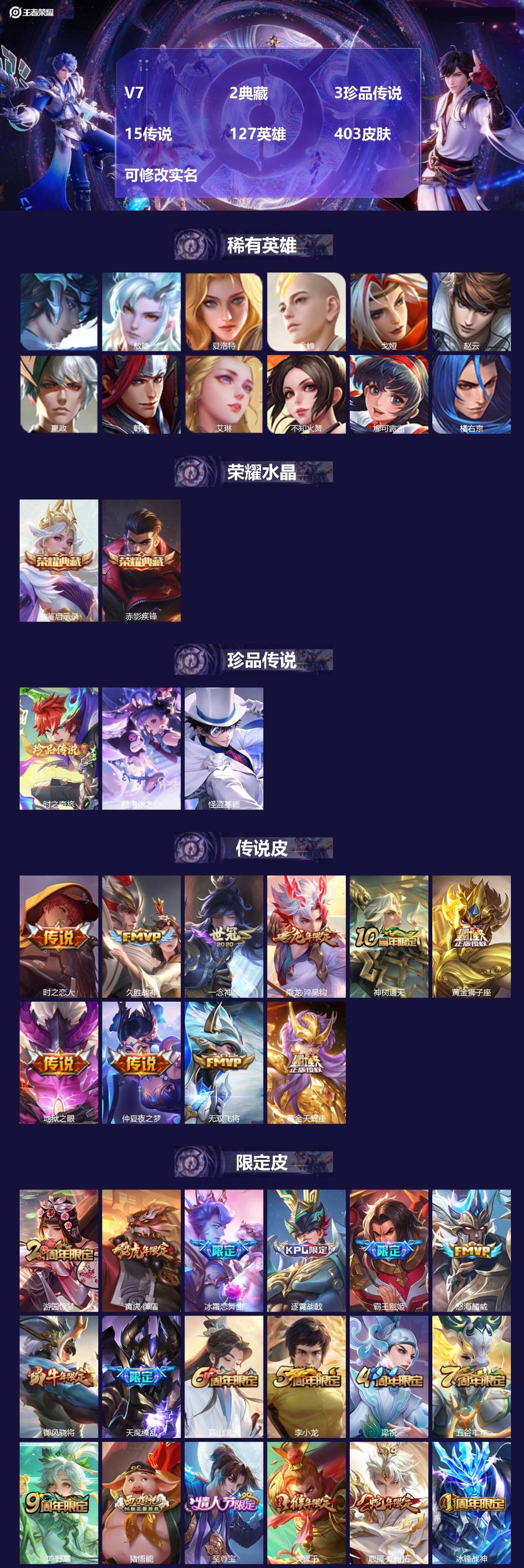 王者荣耀账号安卓QQ127英雄-403皮肤-[]V7 2典藏 3珍品传说 15传说 127英雄 403皮肤 可修改实名 