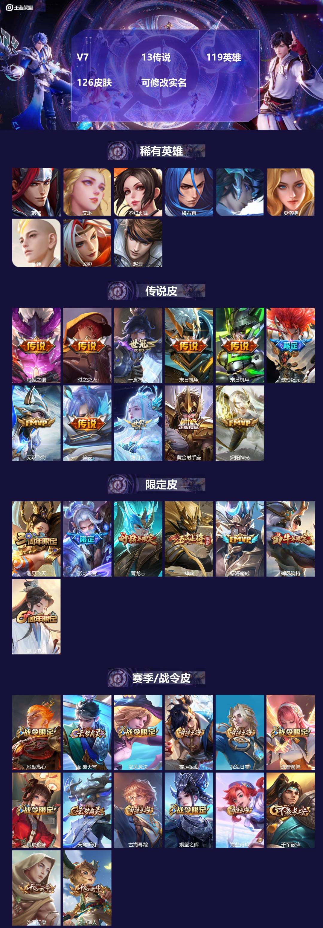 王者荣耀账号安卓QQV7 13传说 119英雄 126皮肤 可修改实名 
【英雄全皮】马超全皮
【稀有英雄】大司命,韩信