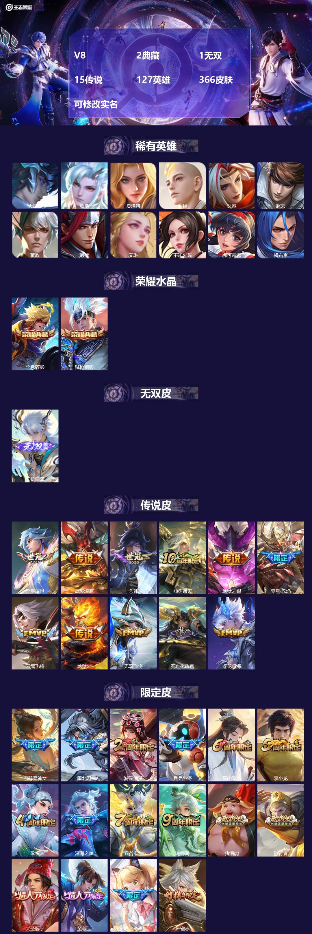 王者荣耀账号安卓QQV8 2典藏 1无双 15传说 127英雄 366皮肤 可修改实名 
【英雄全皮】:蒙恬全皮,太乙真