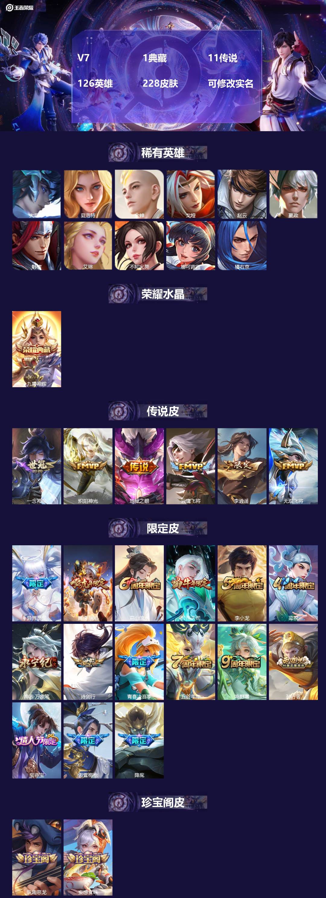 王者荣耀账号安卓QQV7 1典藏 11传说 126英雄 228皮肤 可修改实名 
【英雄全皮】:蒙恬全皮,蚩奼全皮
【稀