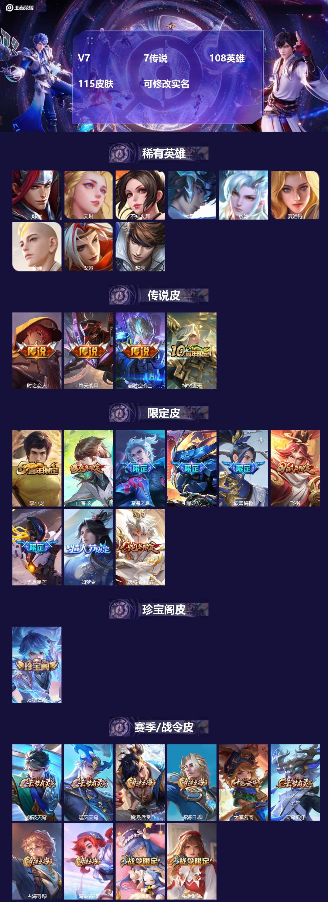 王者荣耀账号安卓QQV7 7传说 108英雄 115皮肤 可修改实名 
【英雄全皮】:敖隐全皮
【稀有英雄】:敖隐(小龙